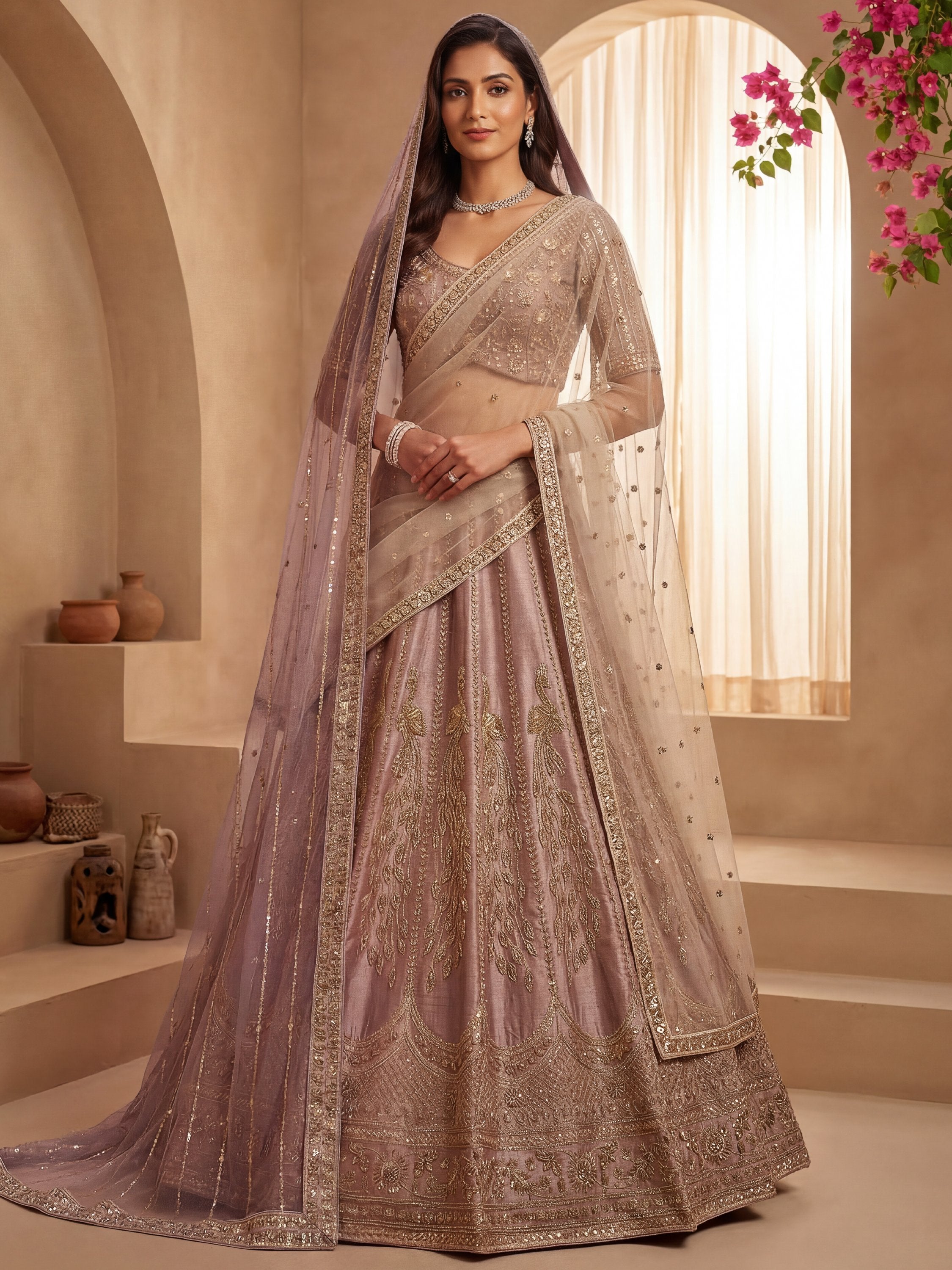 Dazzling Mauve Zari Work Silk Bridal Lehenga Choli With Double Dupatta