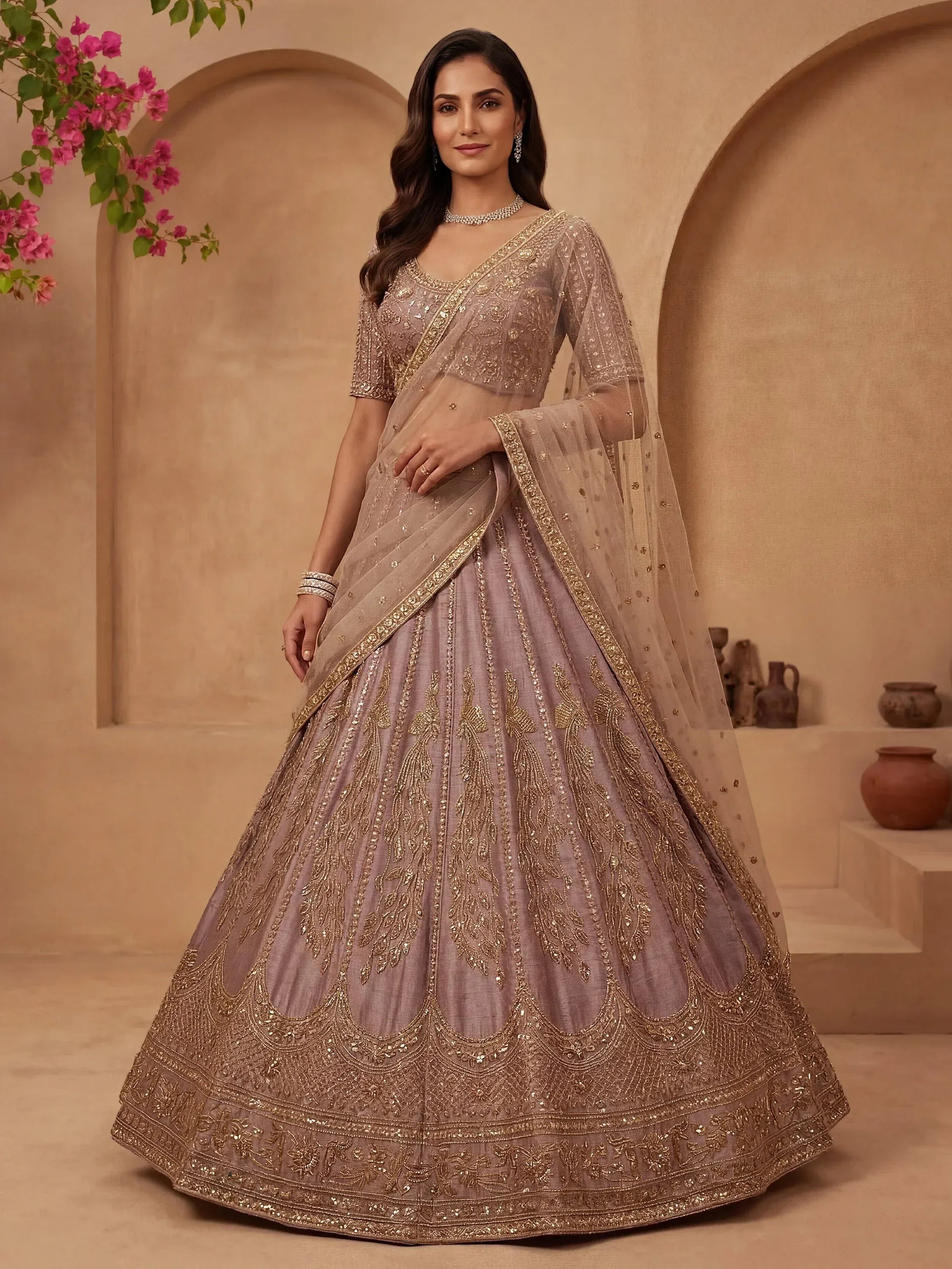 Dazzling Mauve Zari Work Silk Bridal Lehenga Choli With Double Dupatta