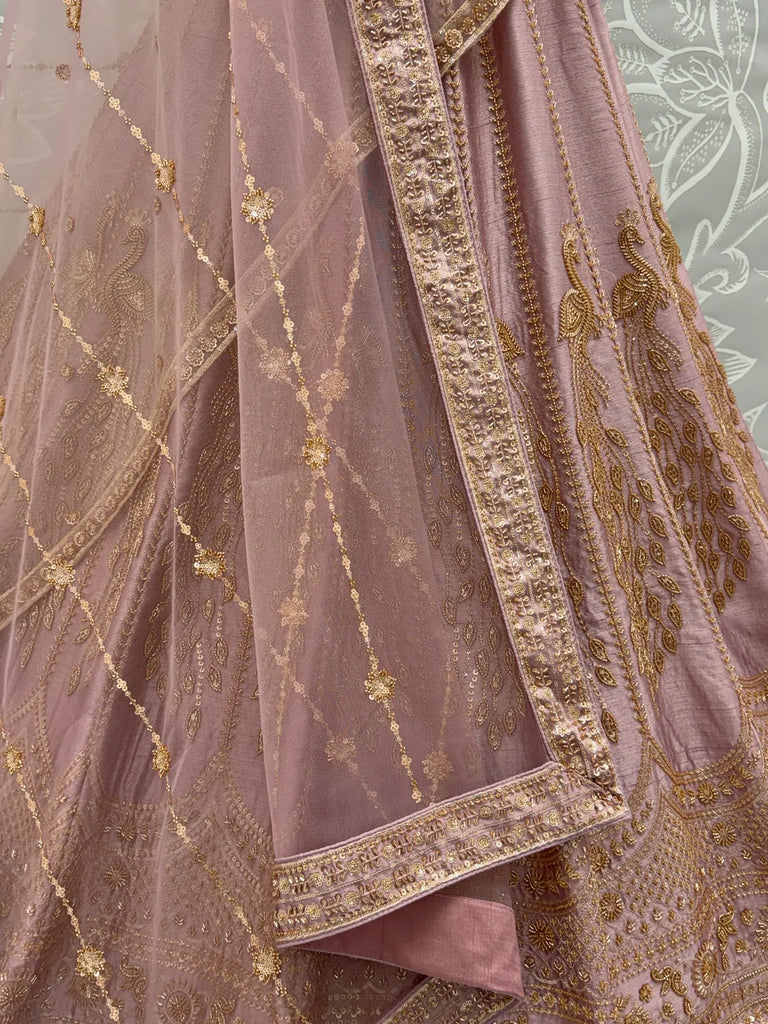 Dazzling Mauve Zari Work Silk Bridal Lehenga Choli With Double Dupatta