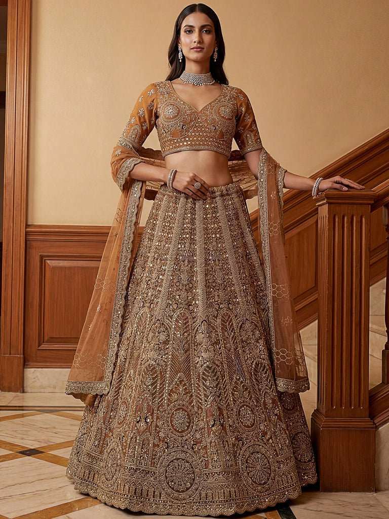 Sparkling Brown Multi Thread Work Net Reception Wear Lehenga Choli