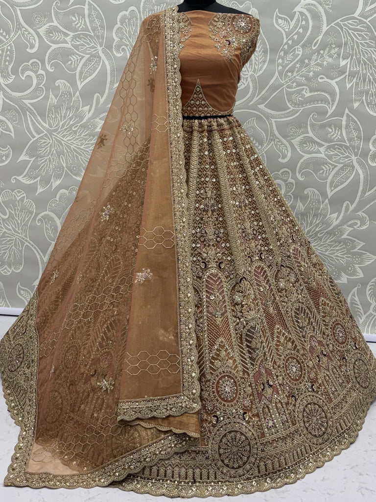 Sparkling Brown Multi Thread Work Net Reception Wear Lehenga Choli