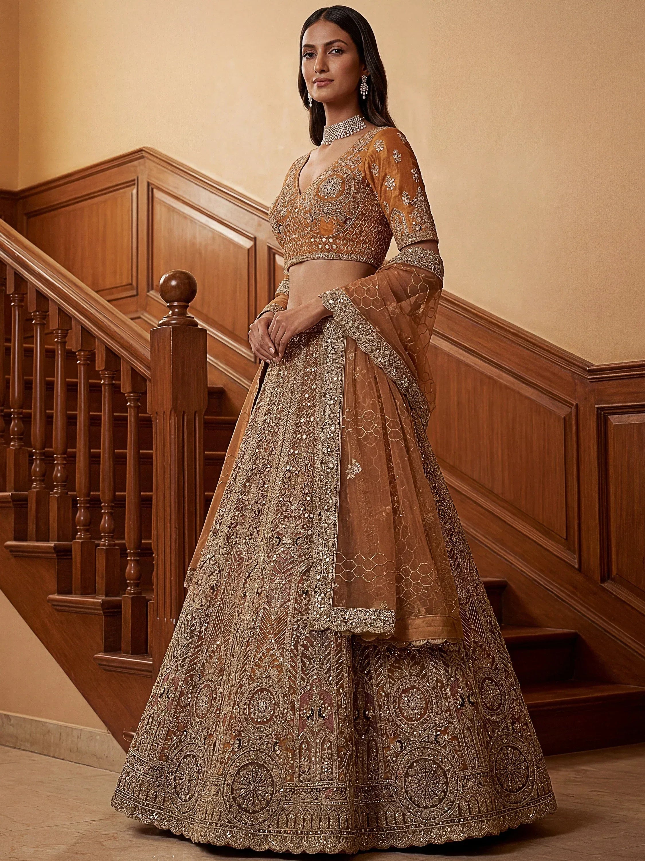 Sparkling Brown Multi Thread Work Net Reception Wear Lehenga Choli