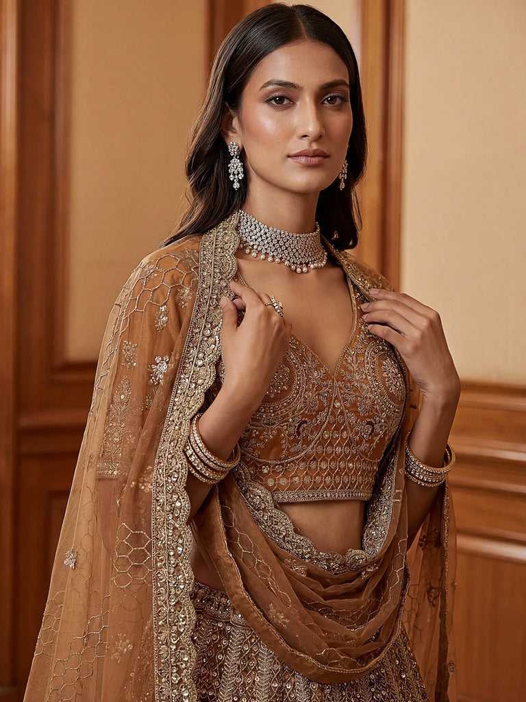 Sparkling Brown Multi Thread Work Net Reception Wear Lehenga Choli