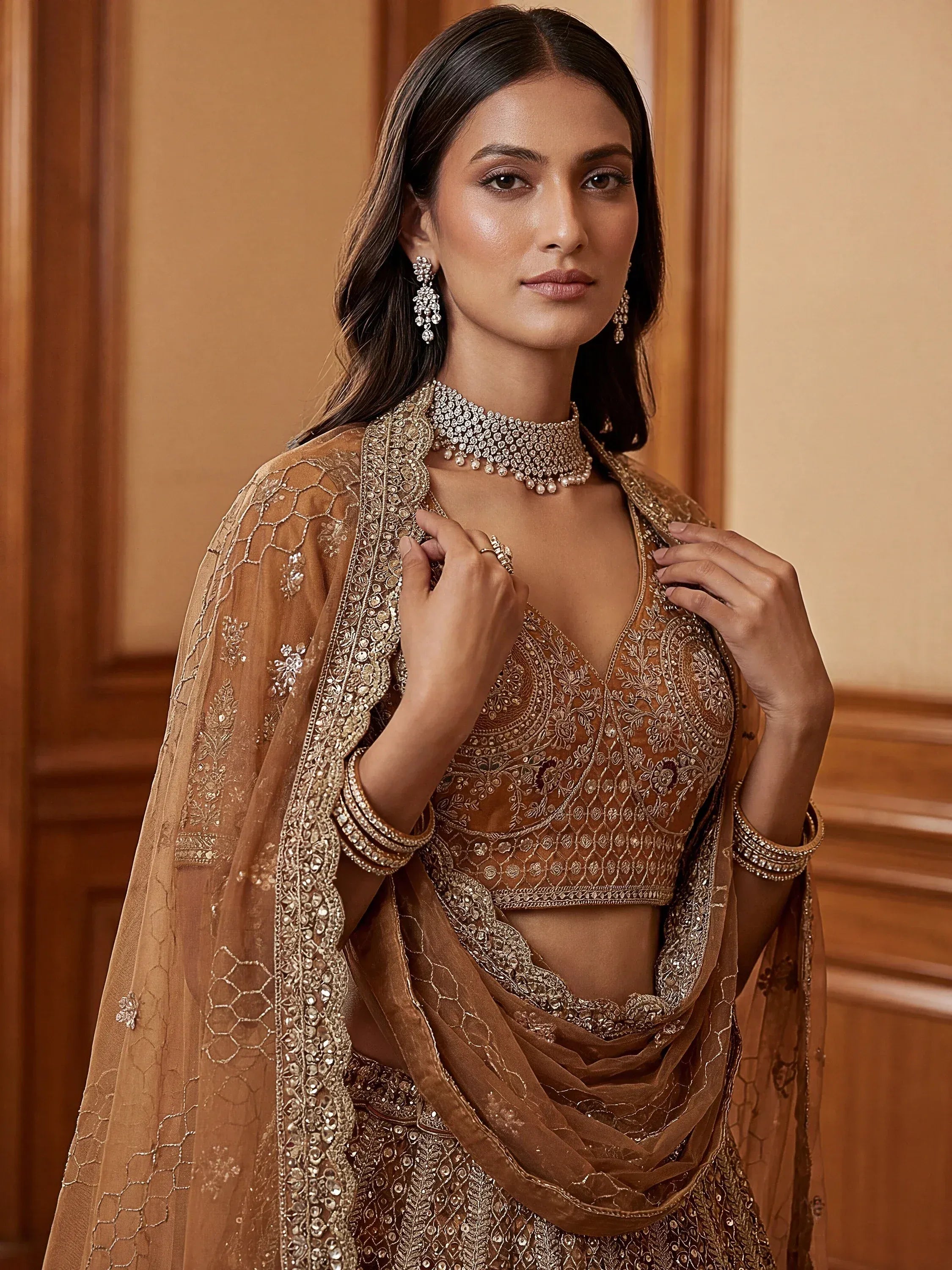 Sparkling Brown Multi Thread Work Net Reception Wear Lehenga Choli