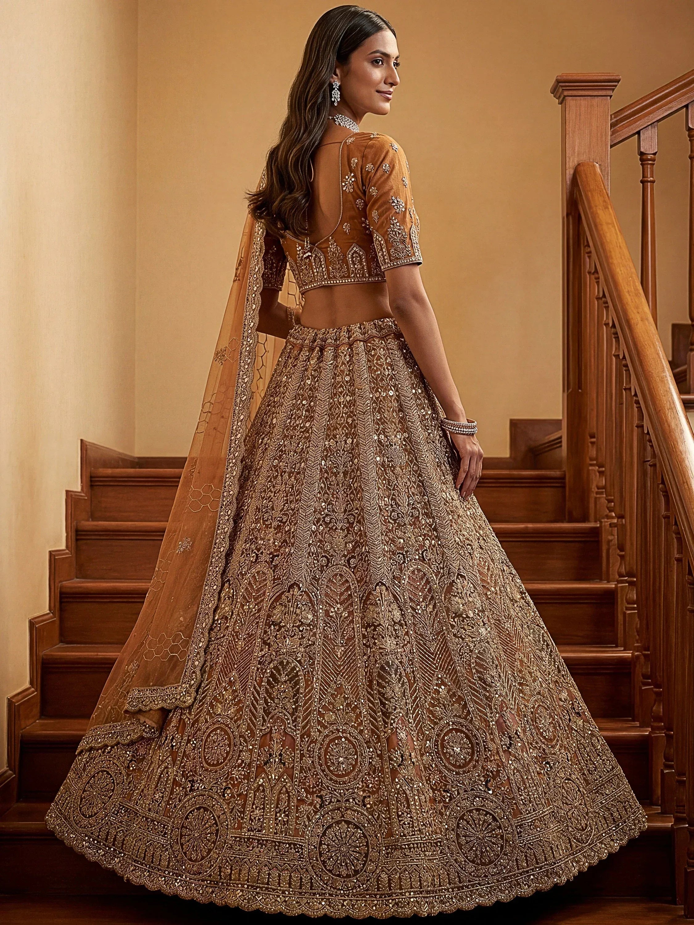 Sparkling Brown Multi Thread Work Net Reception Wear Lehenga Choli
