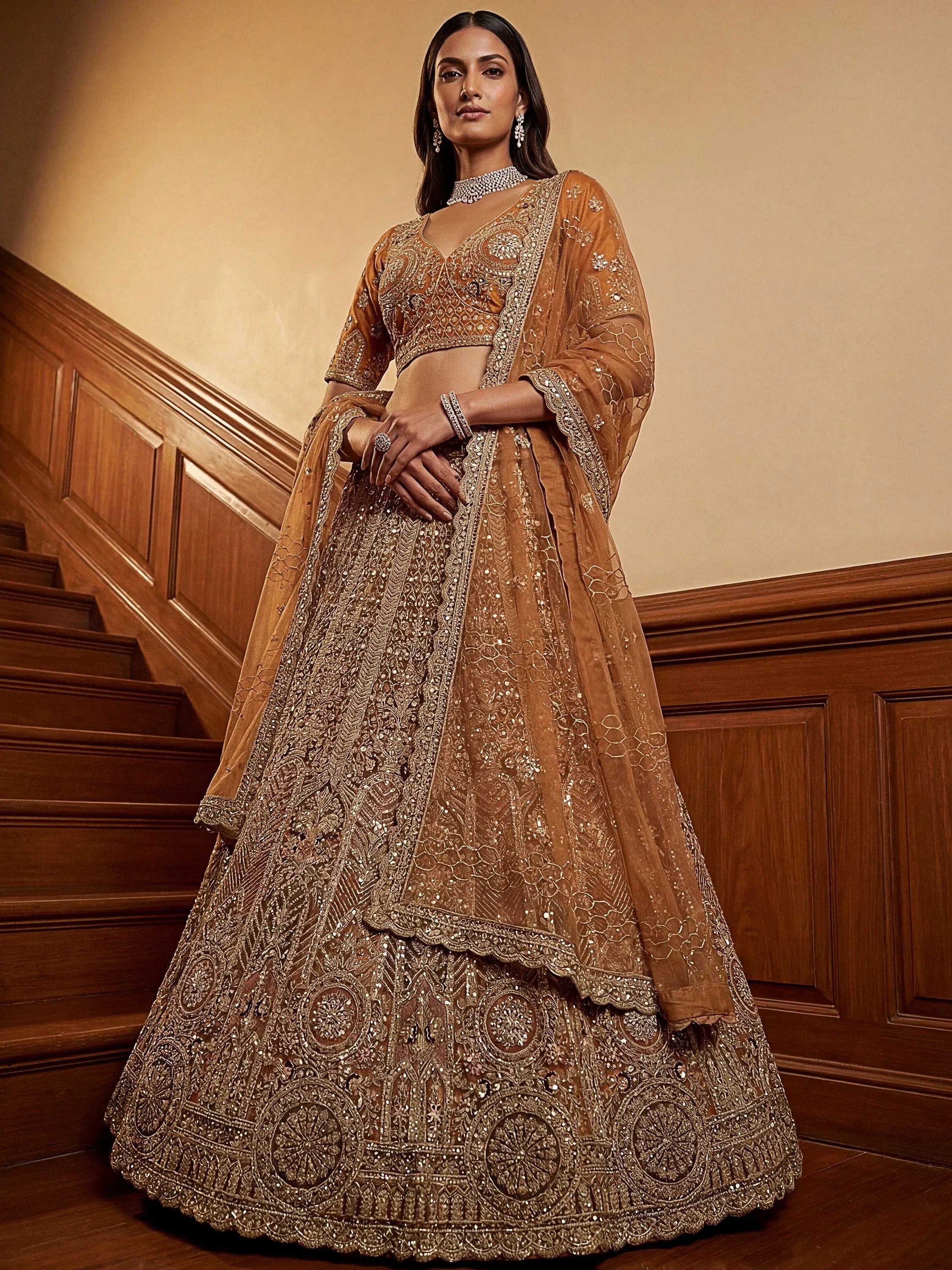 Sparkling Brown Multi Thread Work Net Reception Wear Lehenga Choli