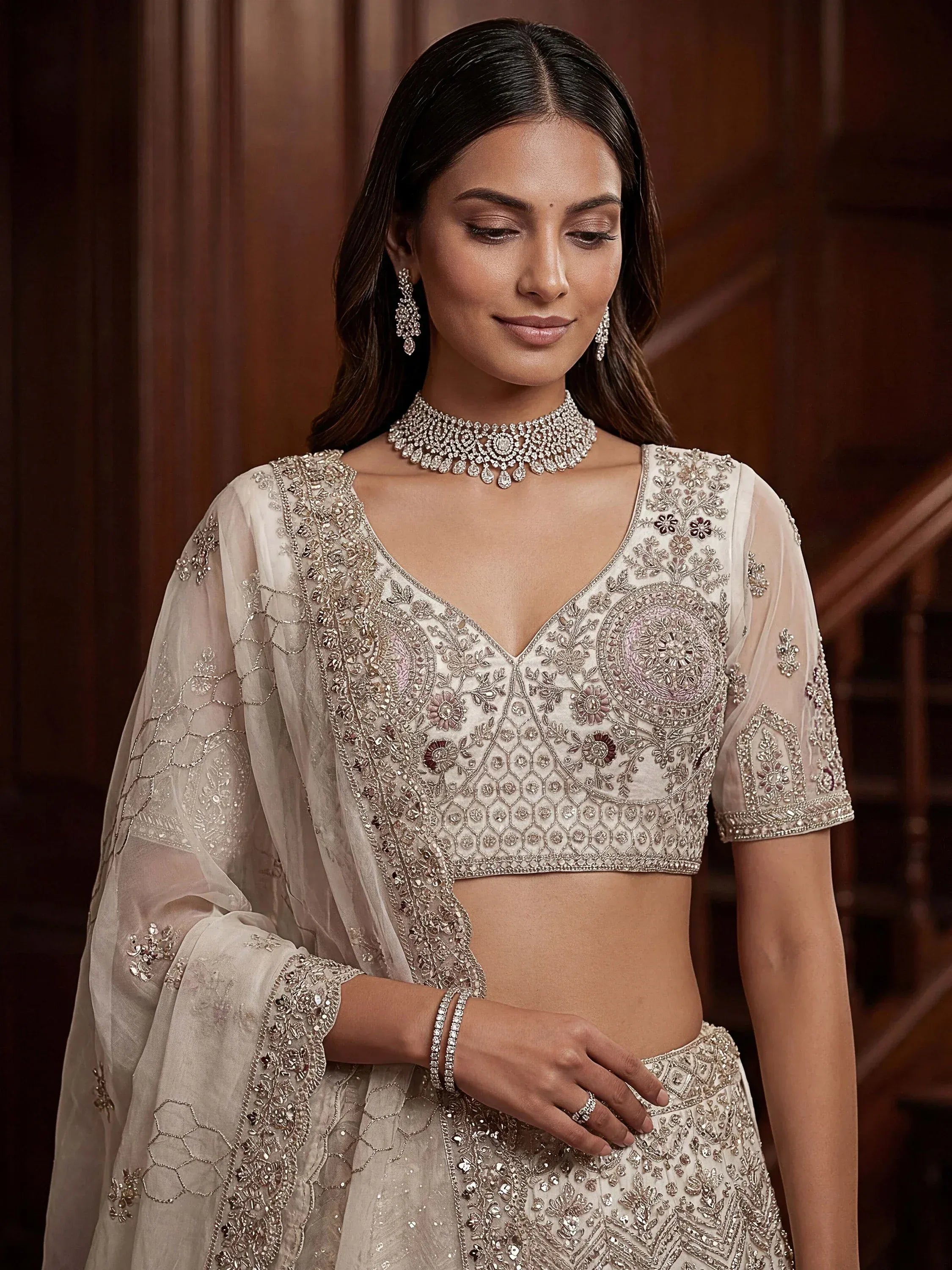 Dreamy Off-White Dori Work Net Wedding Wear Lehenga Choli