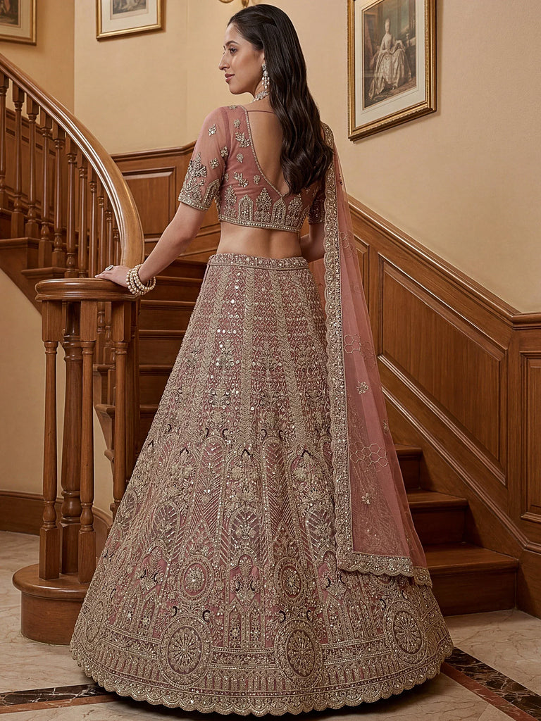 Gorgeous Dusty Pink Zircon Work Net Engagement Wear Lehenga With Blouse