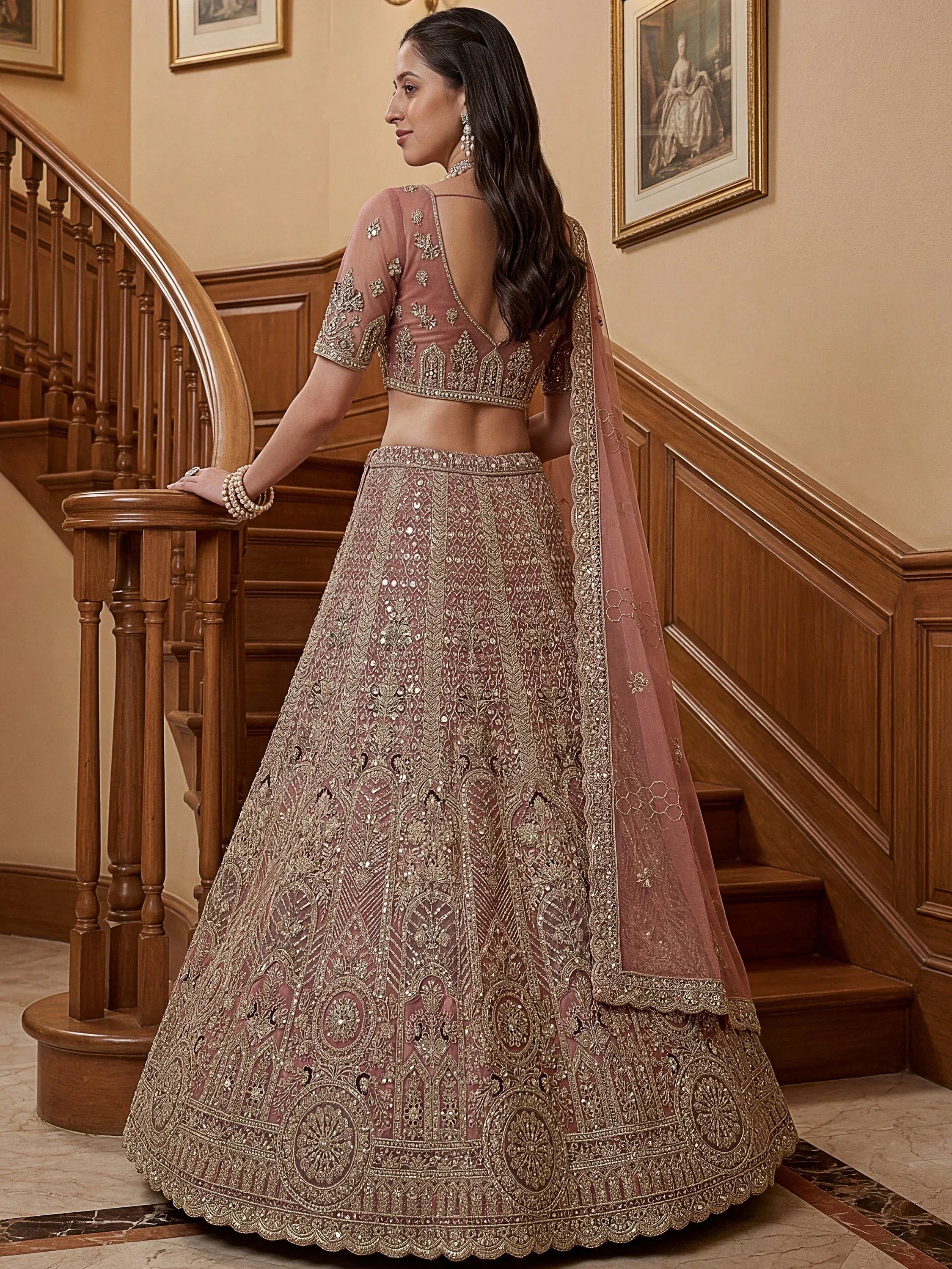 Gorgeous Dusty Pink Zircon Work Net Engagement Wear Lehenga With Blouse