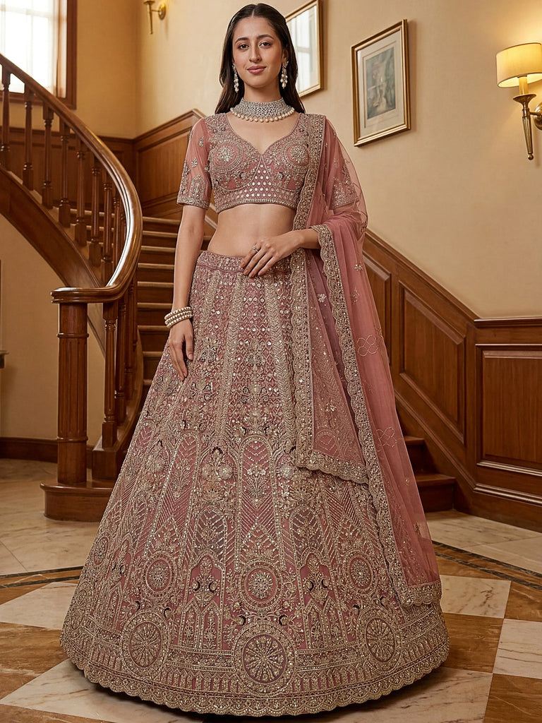 Gorgeous Dusty Pink Zircon Work Net Engagement Wear Lehenga With Blouse