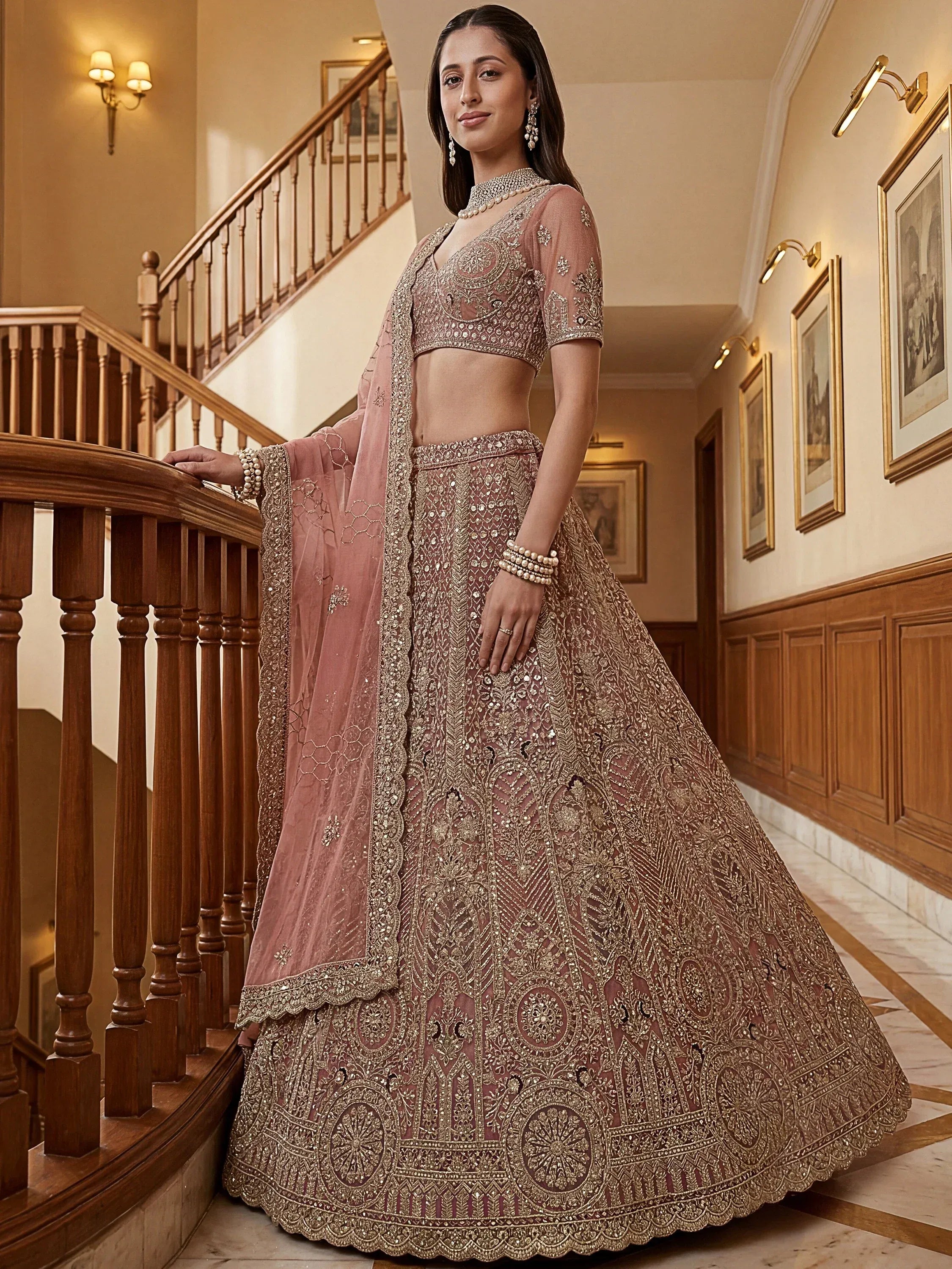 Gorgeous Dusty Pink Zircon Work Net Engagement Wear Lehenga With Blouse