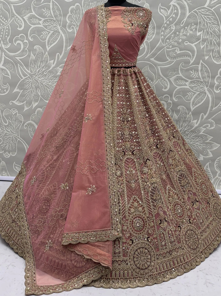 Gorgeous Dusty Pink Zircon Work Net Engagement Wear Lehenga With Blouse