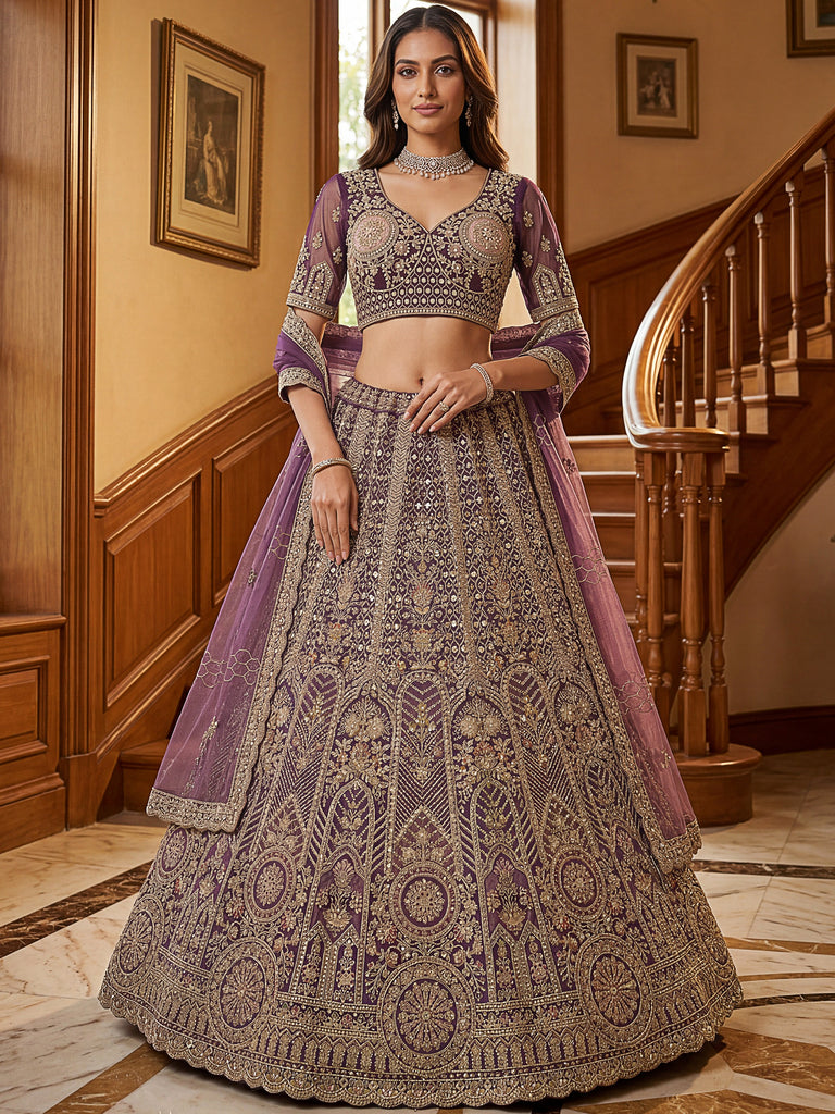 Adorable Purple Sequins Net Bridesmaid Lehenga Choli With Dupatta