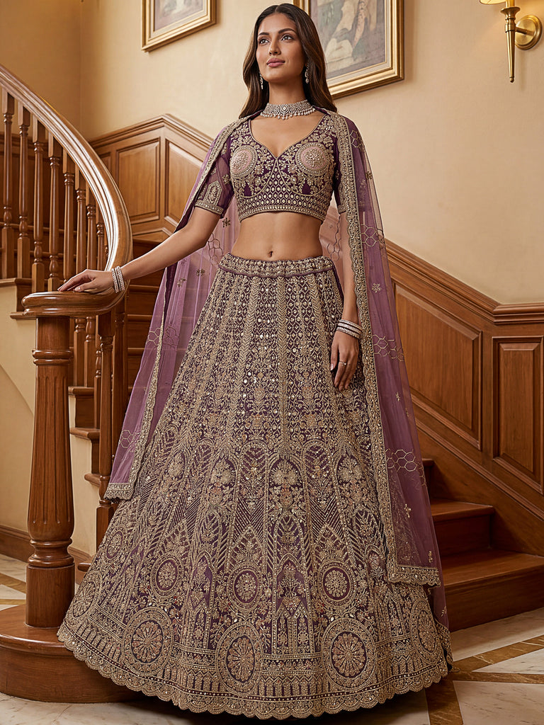 Adorable Purple Sequins Net Bridesmaid Lehenga Choli With Dupatta