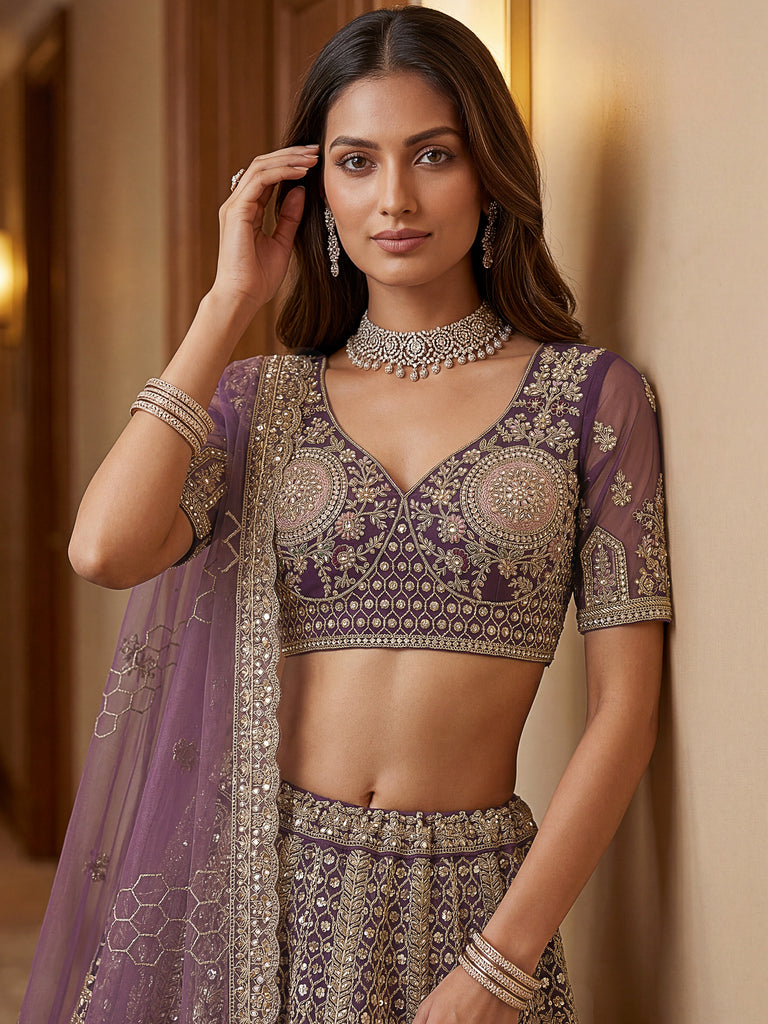 Adorable Purple Sequins Net Bridesmaid Lehenga Choli With Dupatta