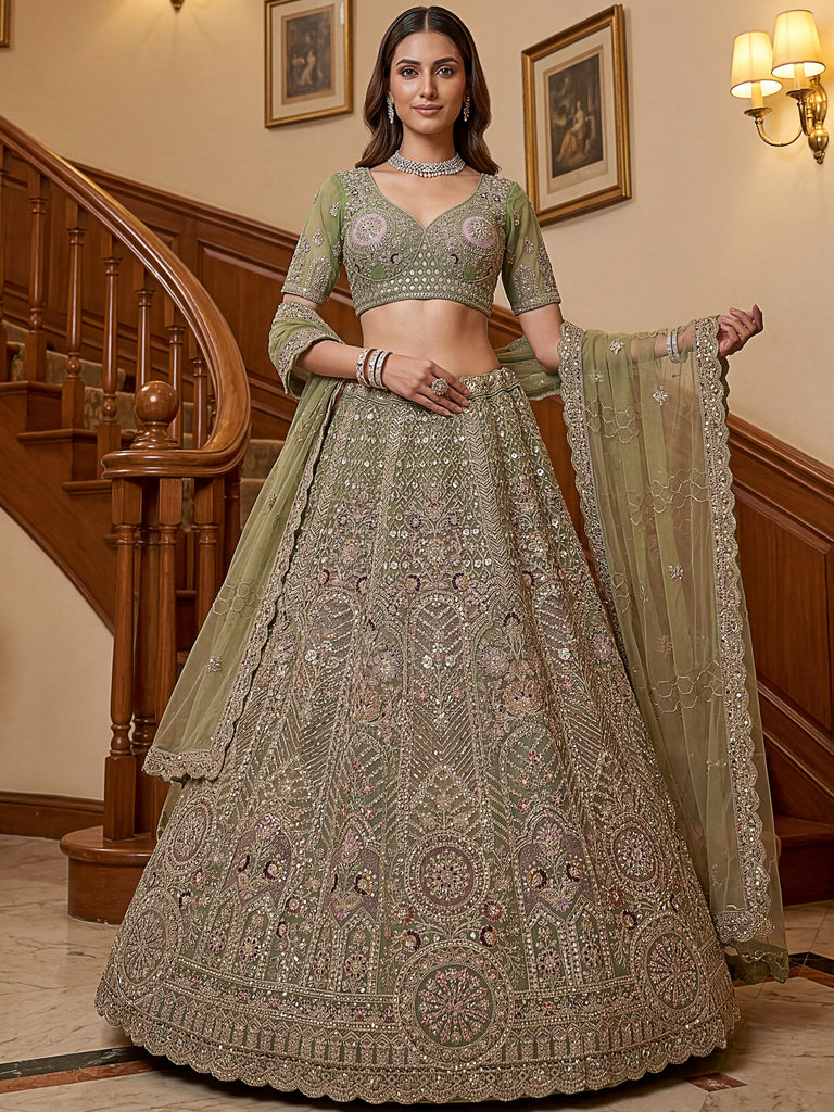 Ravishing Green Heavy Embroidered Net Evening Wear Lehenga Choli