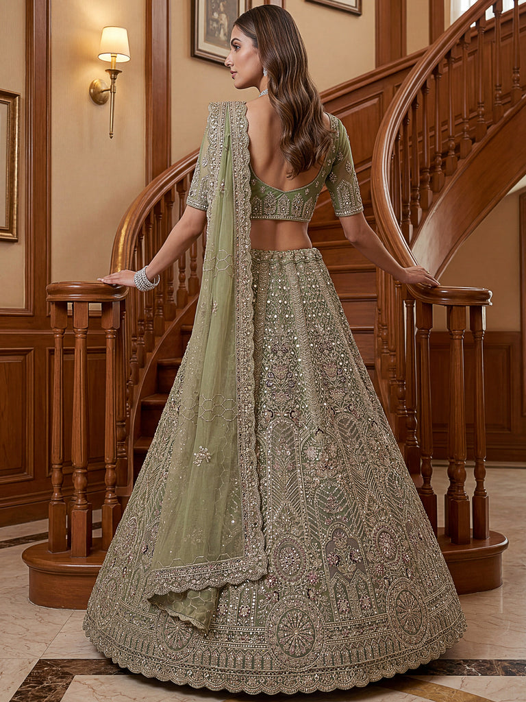 Ravishing Green Heavy Embroidered Net Evening Wear Lehenga Choli
