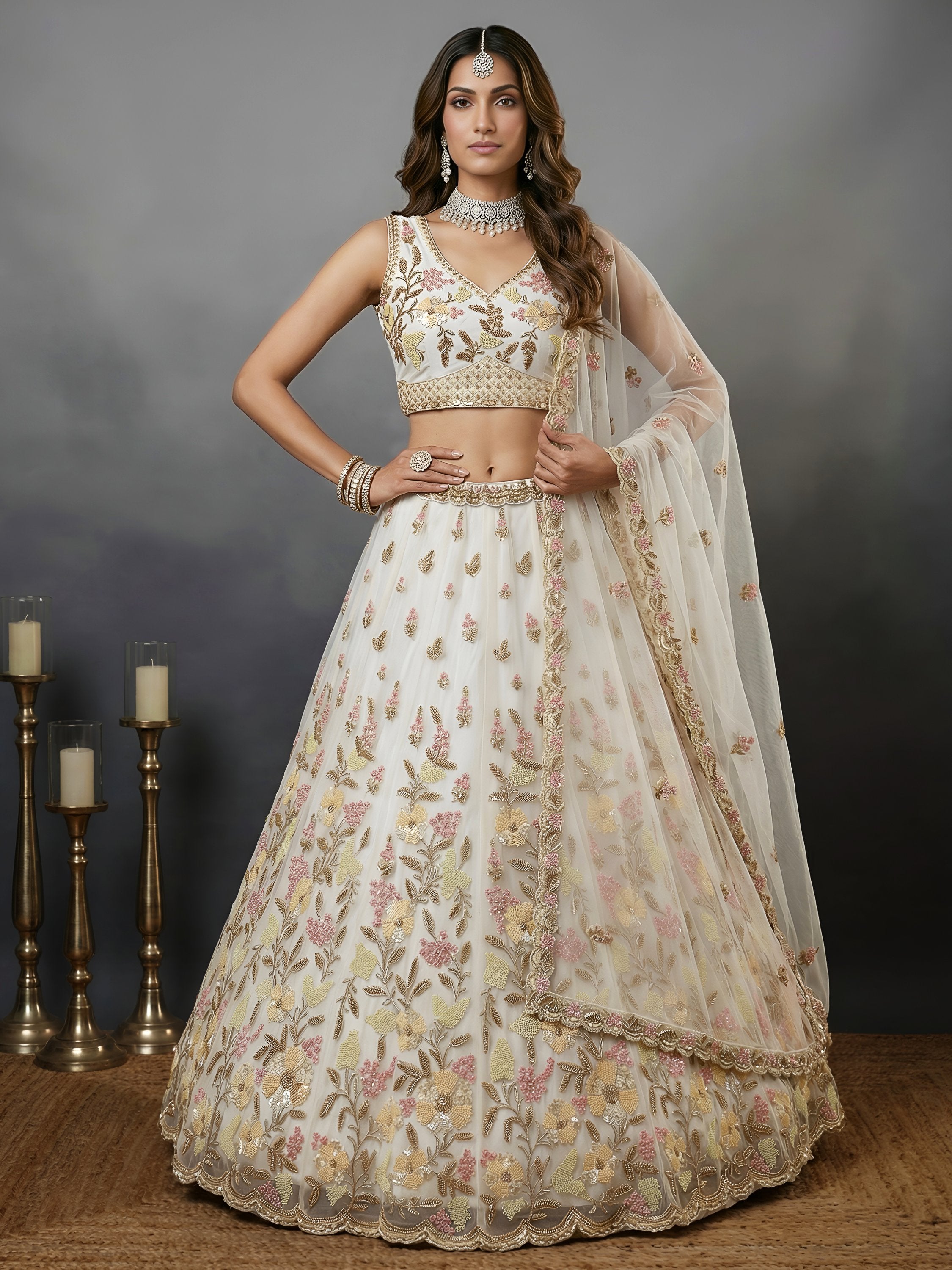 Delightful White Floral Embroidered Net Bridesmaid Lehenga Choli
