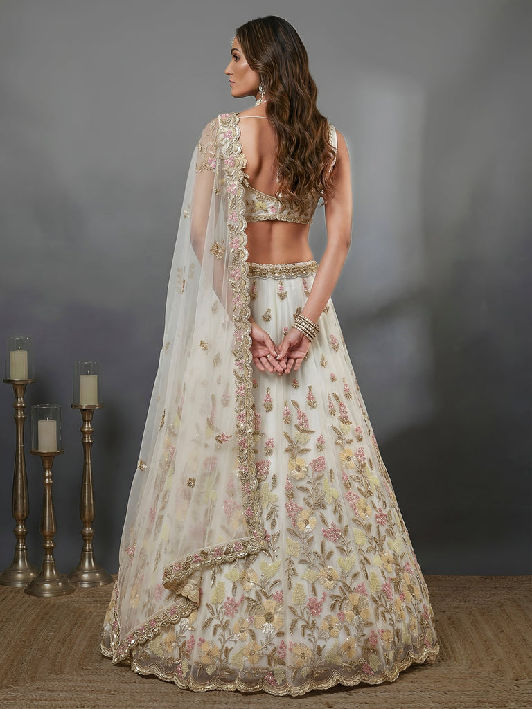 Delightful White Floral Embroidered Net Bridesmaid Lehenga Choli