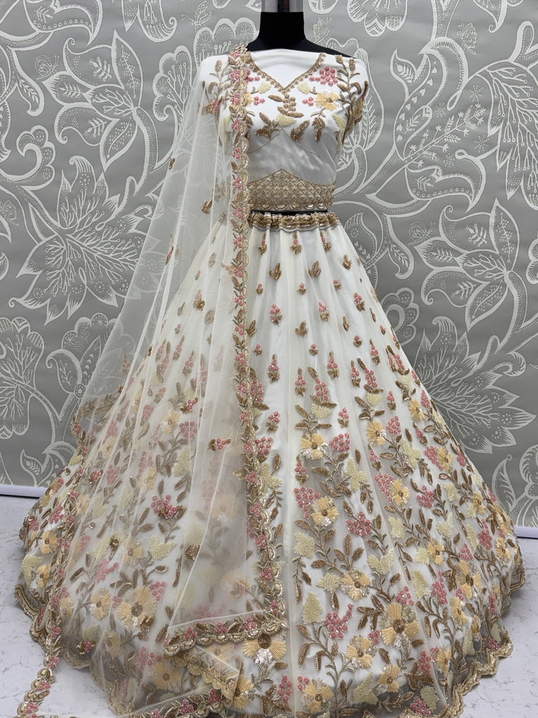 Delightful White Floral Embroidered Net Bridesmaid Lehenga Choli