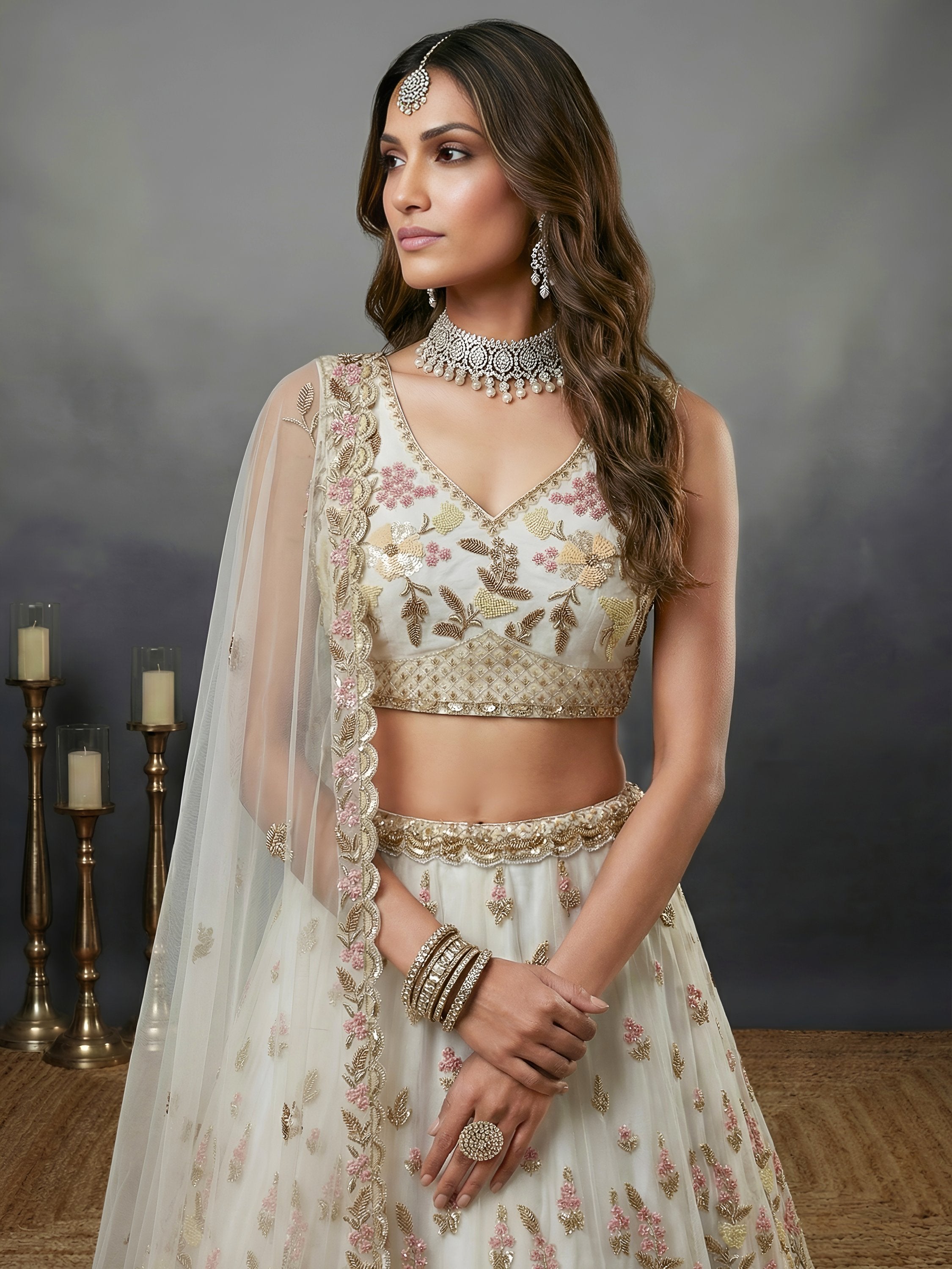 Delightful White Floral Embroidered Net Bridesmaid Lehenga Choli