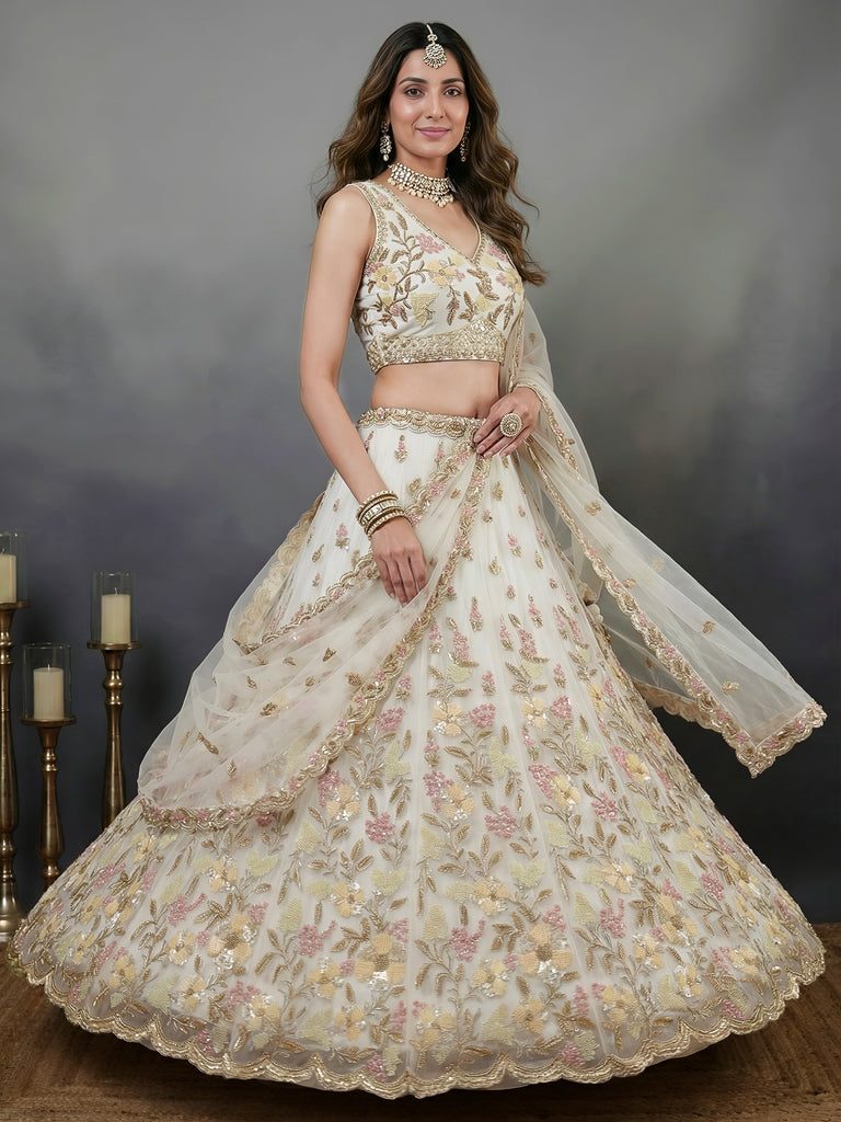 Delightful White Floral Embroidered Net Bridesmaid Lehenga Choli