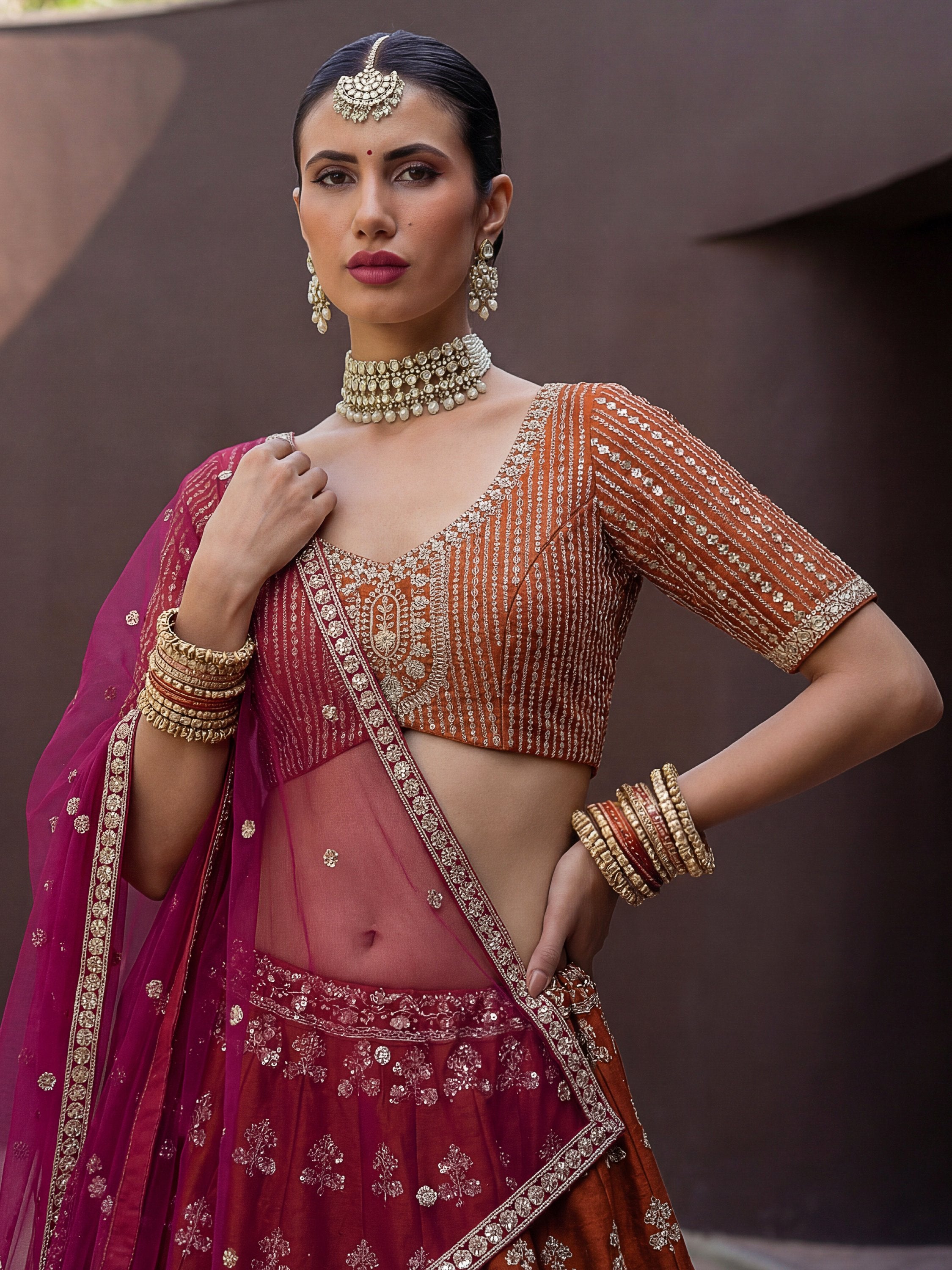 Awesome Rust Orange Hand Work Silk Bridal Lehenga Choli With Double Dupatta