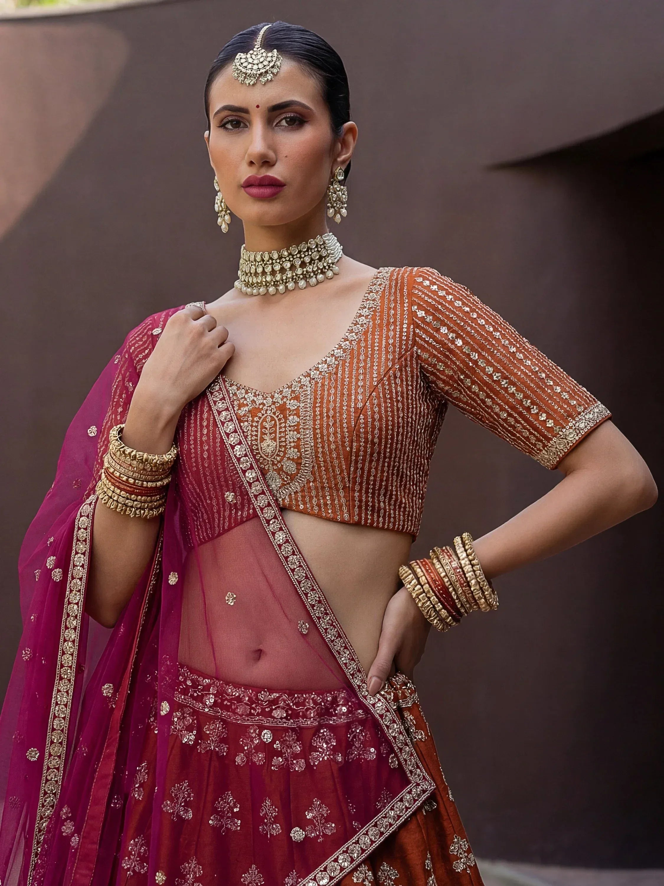 Awesome Rust Orange Hand Work Silk Bridal Lehenga Choli With Double Dupatta