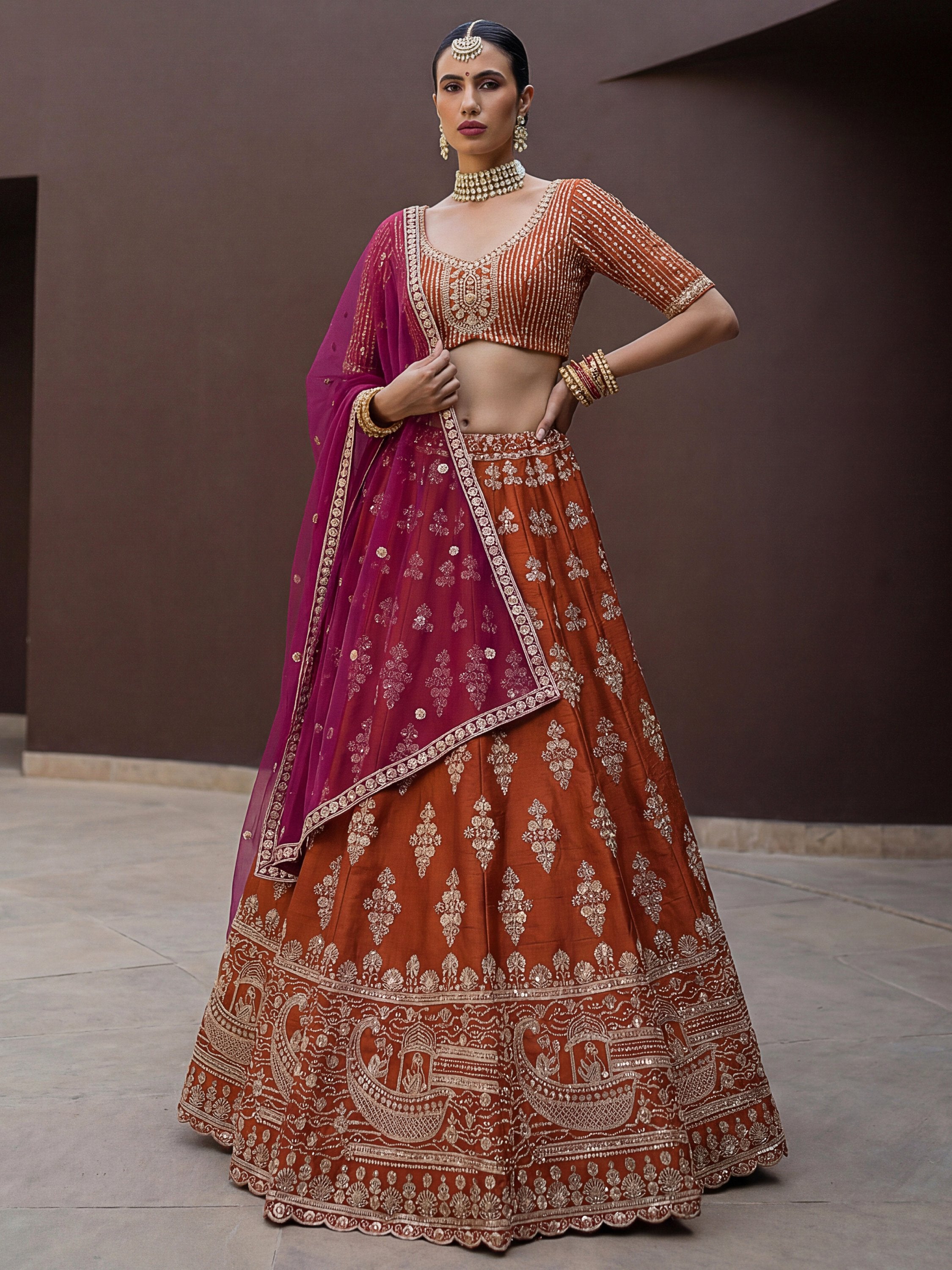 Awesome Rust Orange Hand Work Silk Bridal Lehenga Choli With Double Dupatta