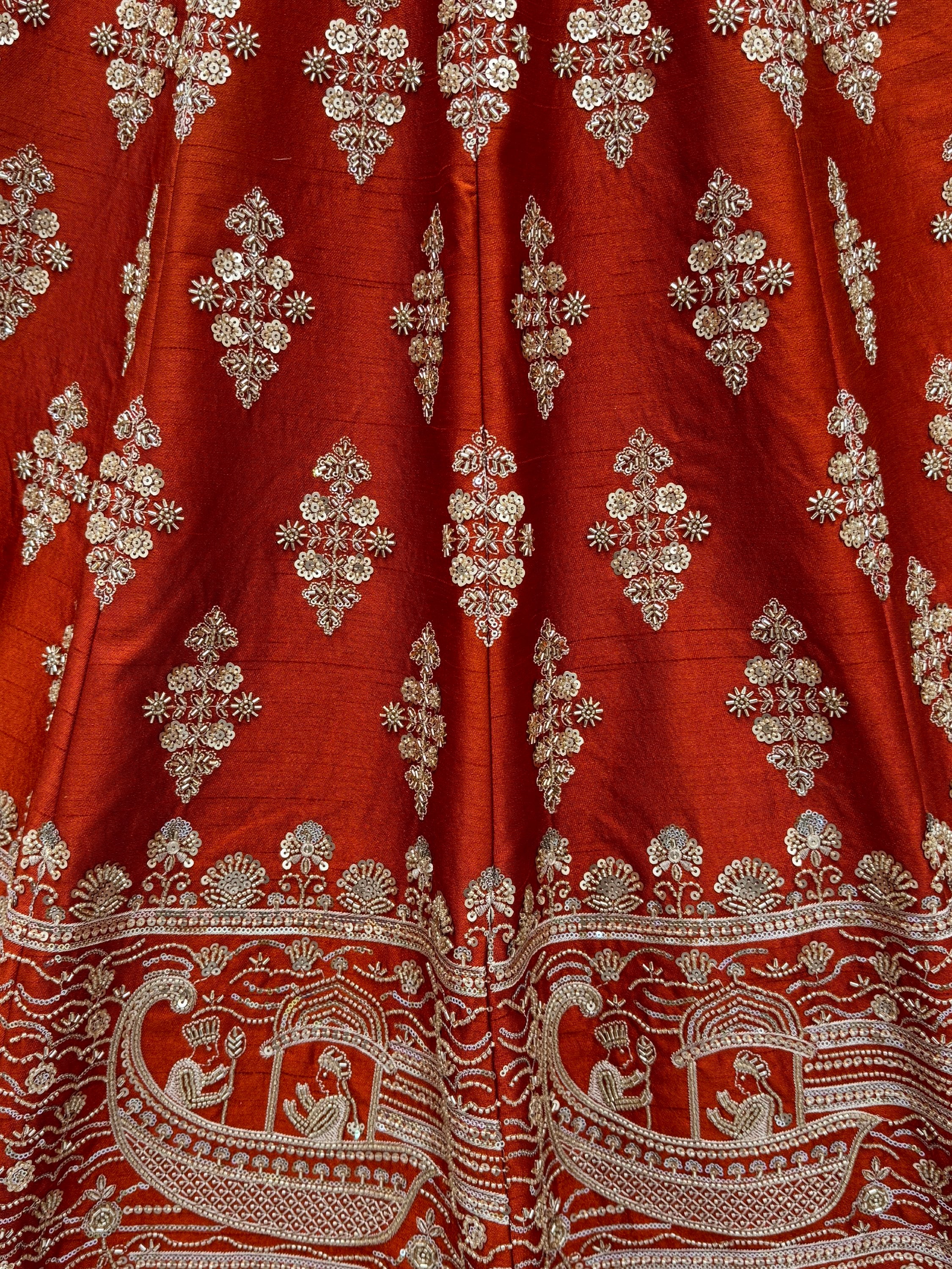 Awesome Rust Orange Hand Work Silk Bridal Lehenga Choli With Double Dupatta