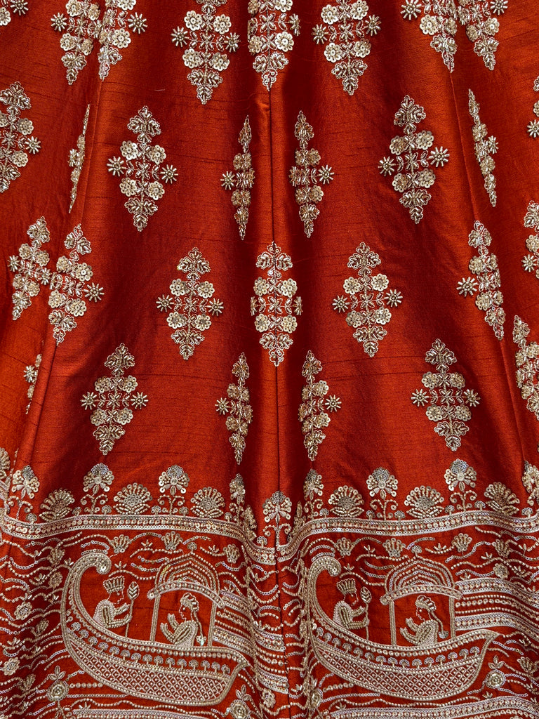 Awesome Rust Orange Hand Work Silk Bridal Lehenga Choli With Double Dupatta