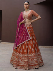 Awesome Rust Orange Hand Work Silk Bridal Lehenga Choli With Double Dupatta