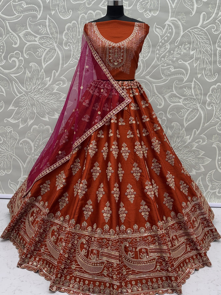 Awesome Rust Orange Hand Work Silk Bridal Lehenga Choli With Double Dupatta