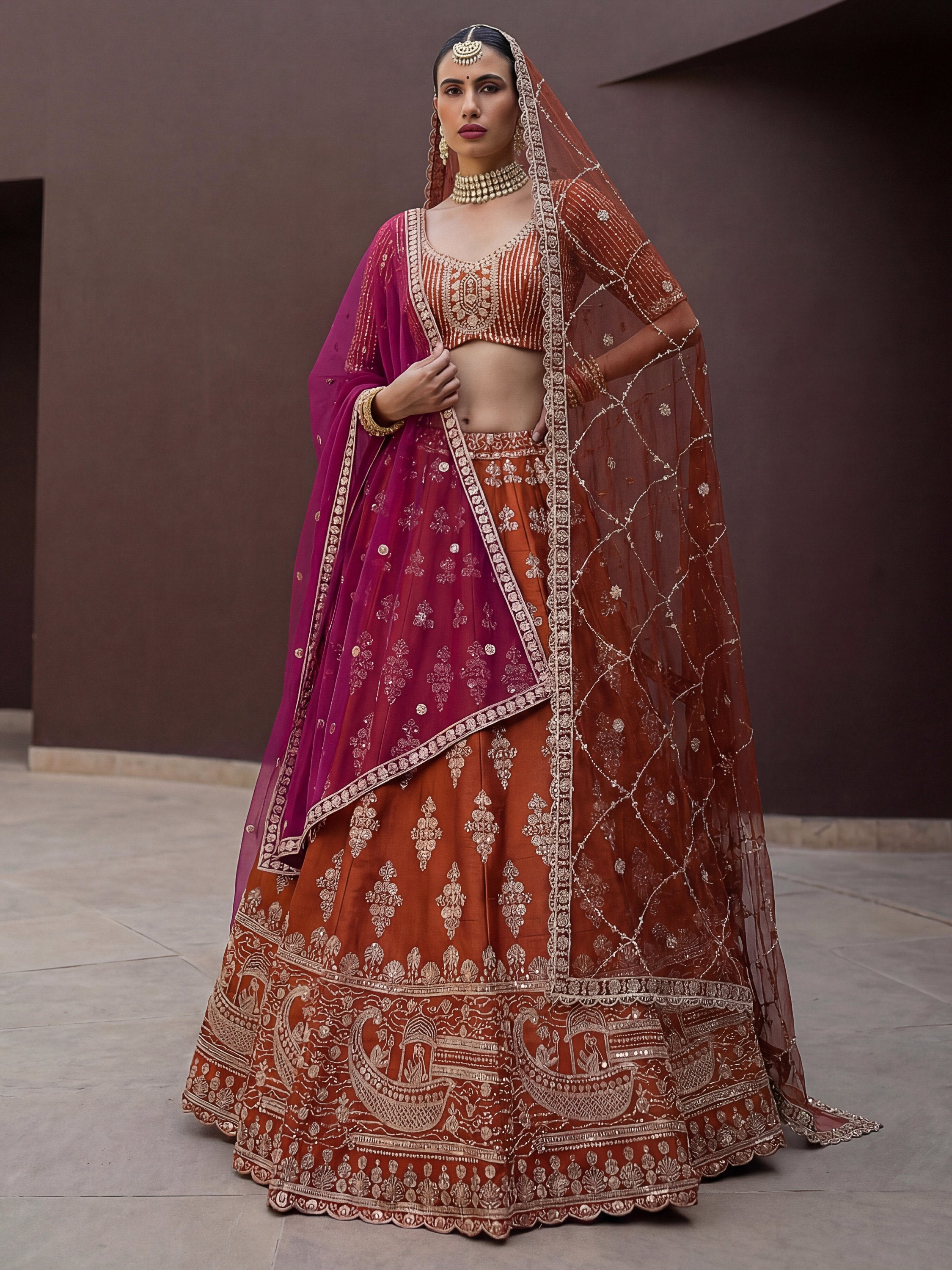 Awesome Rust Orange Hand Work Silk Bridal Lehenga Choli With Double Dupatta