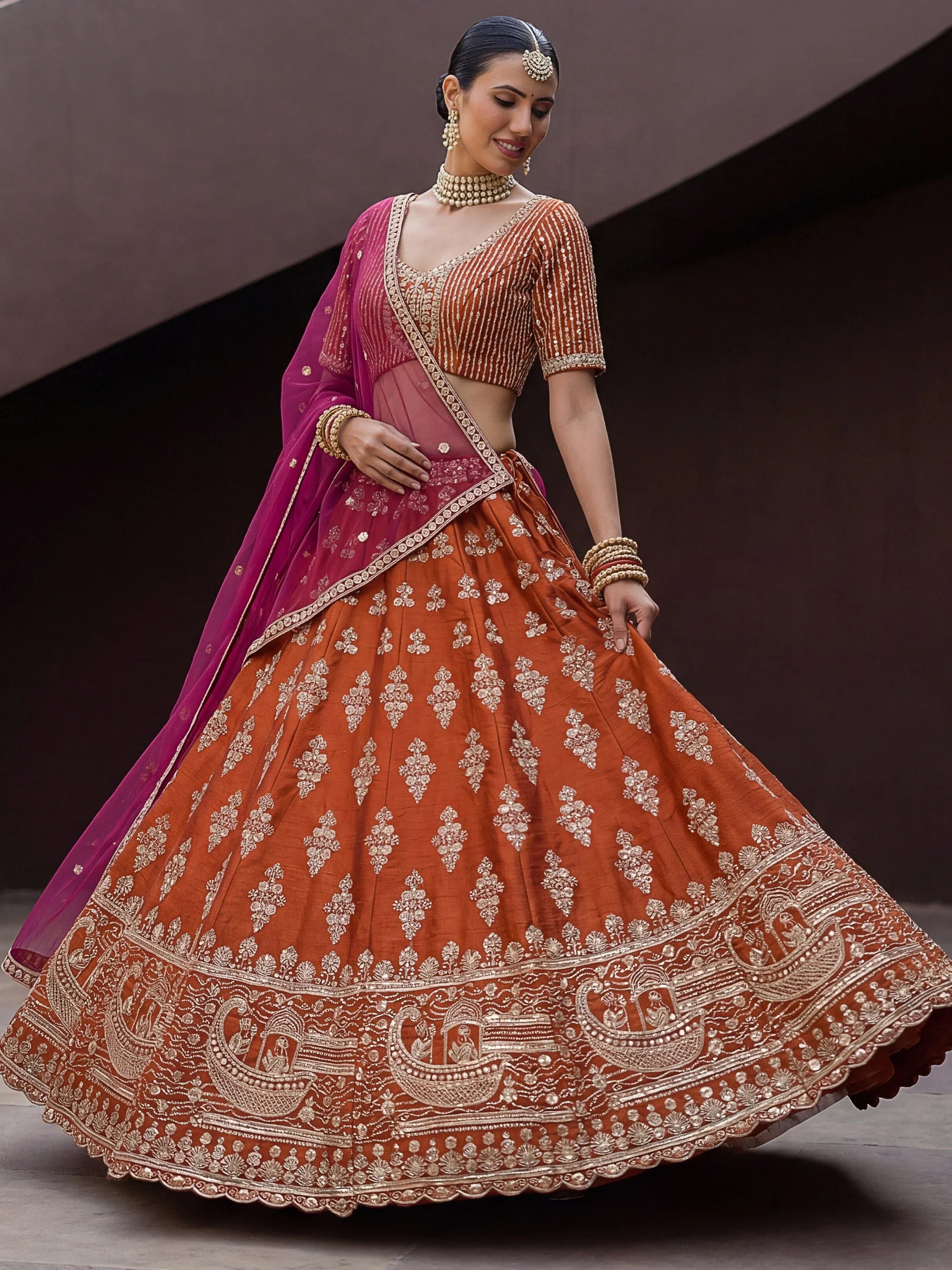 Awesome Rust Orange Hand Work Silk Bridal Lehenga Choli With Double Dupatta