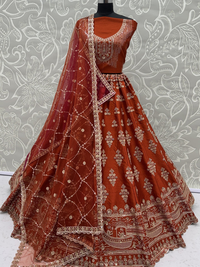 Awesome Rust Orange Hand Work Silk Bridal Lehenga Choli With Double Dupatta