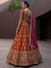 Awesome Rust Orange Hand Work Silk Bridal Lehenga Choli With Double Dupatta