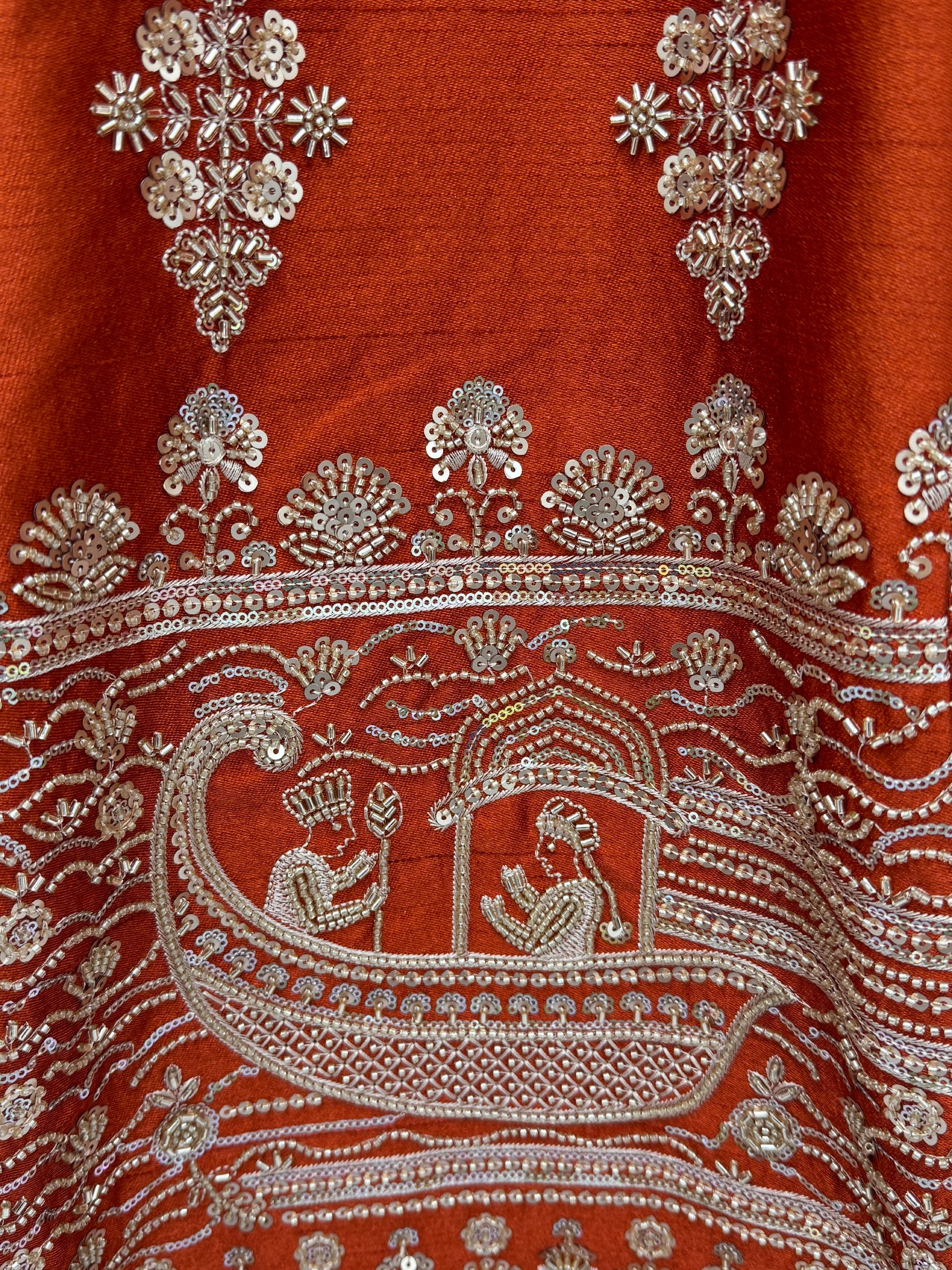 Awesome Rust Orange Hand Work Silk Bridal Lehenga Choli With Double Dupatta