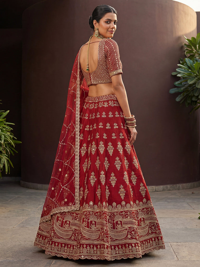 Royal Red Heavy Embroidered Silk Bridal Lehenga Choli With Double Dupatta