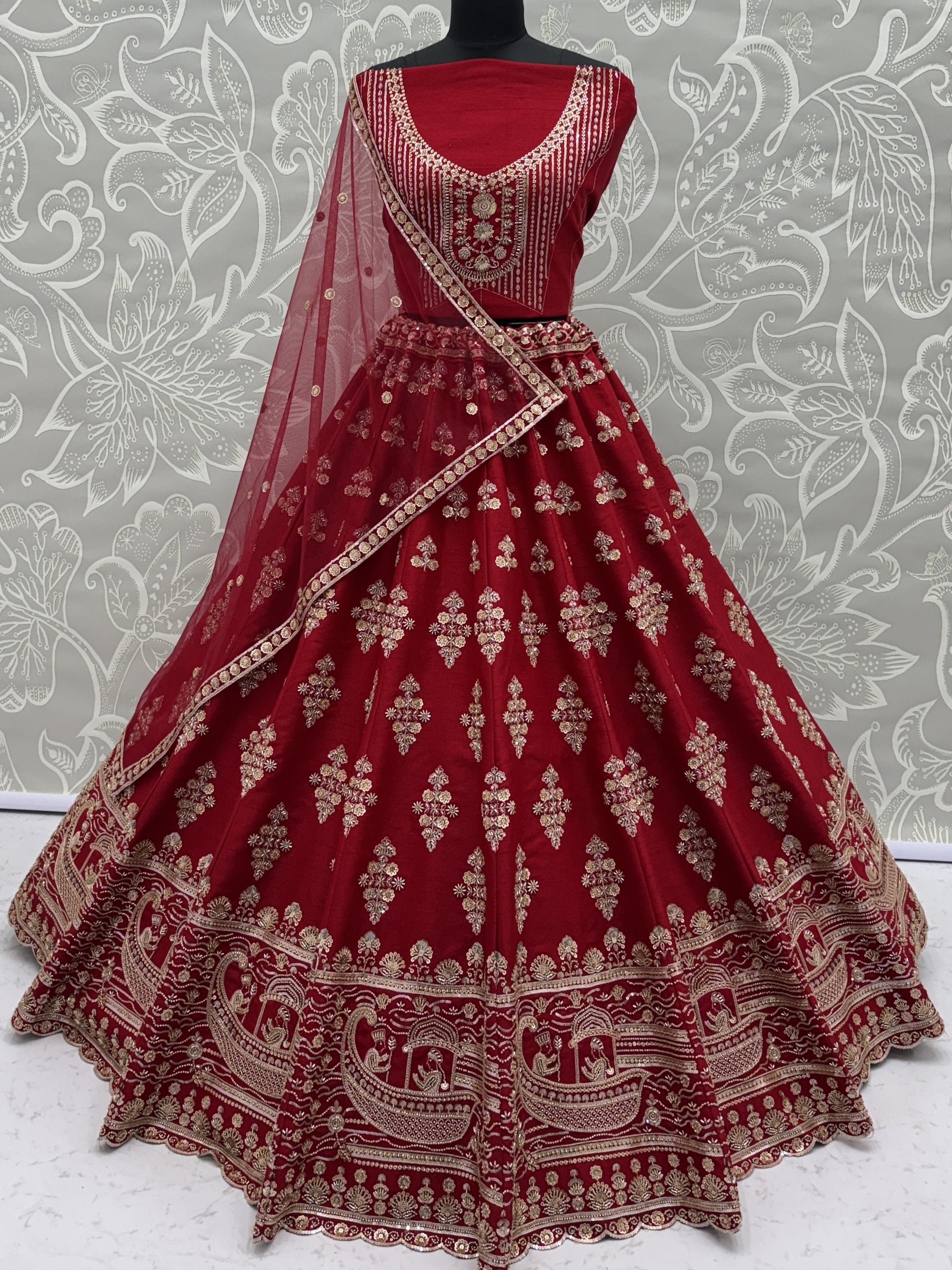 Royal Red Heavy Embroidered Silk Bridal Lehenga Choli With Double Dupatta