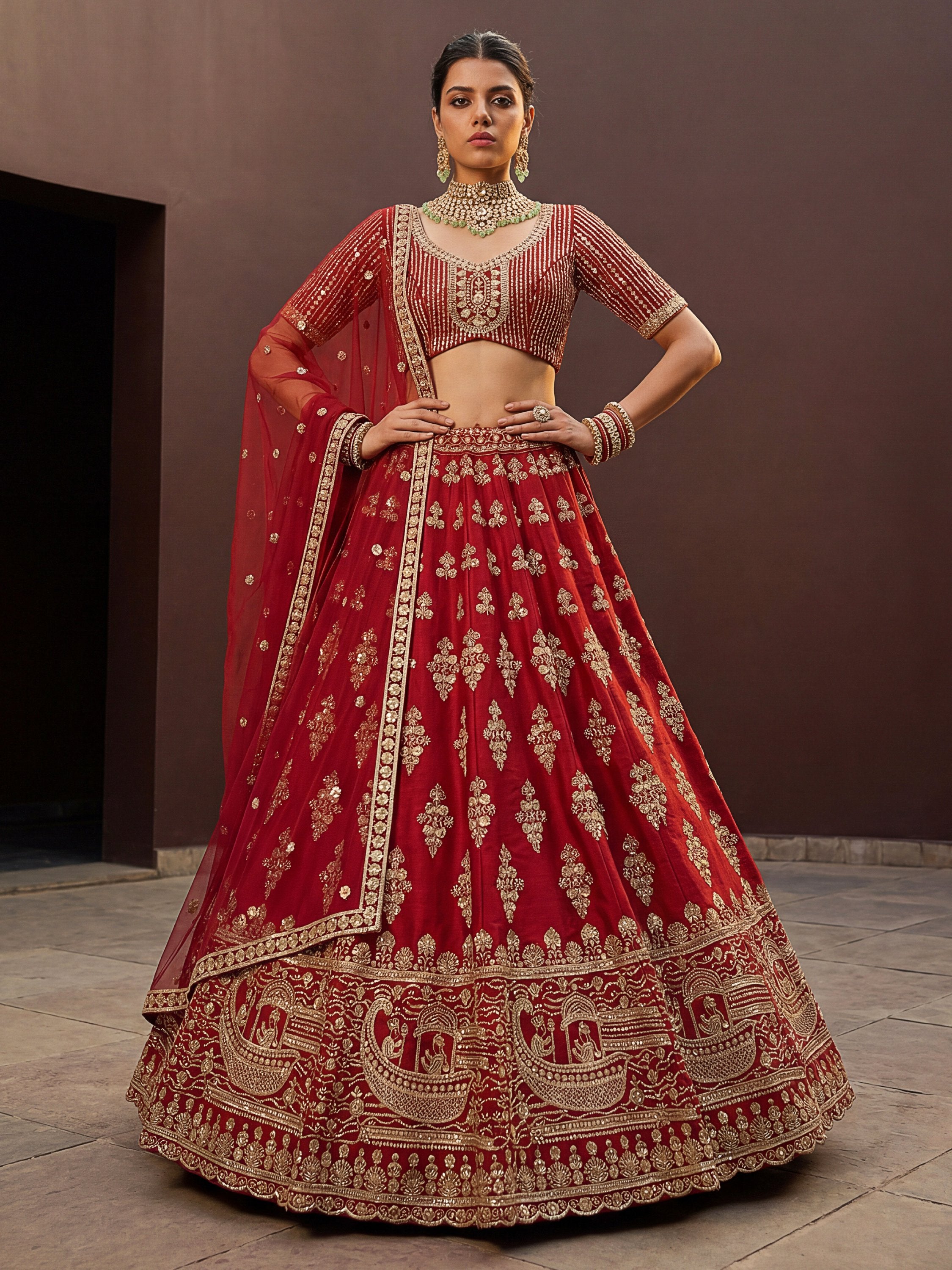 Royal Red Heavy Embroidered Silk Bridal Lehenga Choli With Double Dupatta