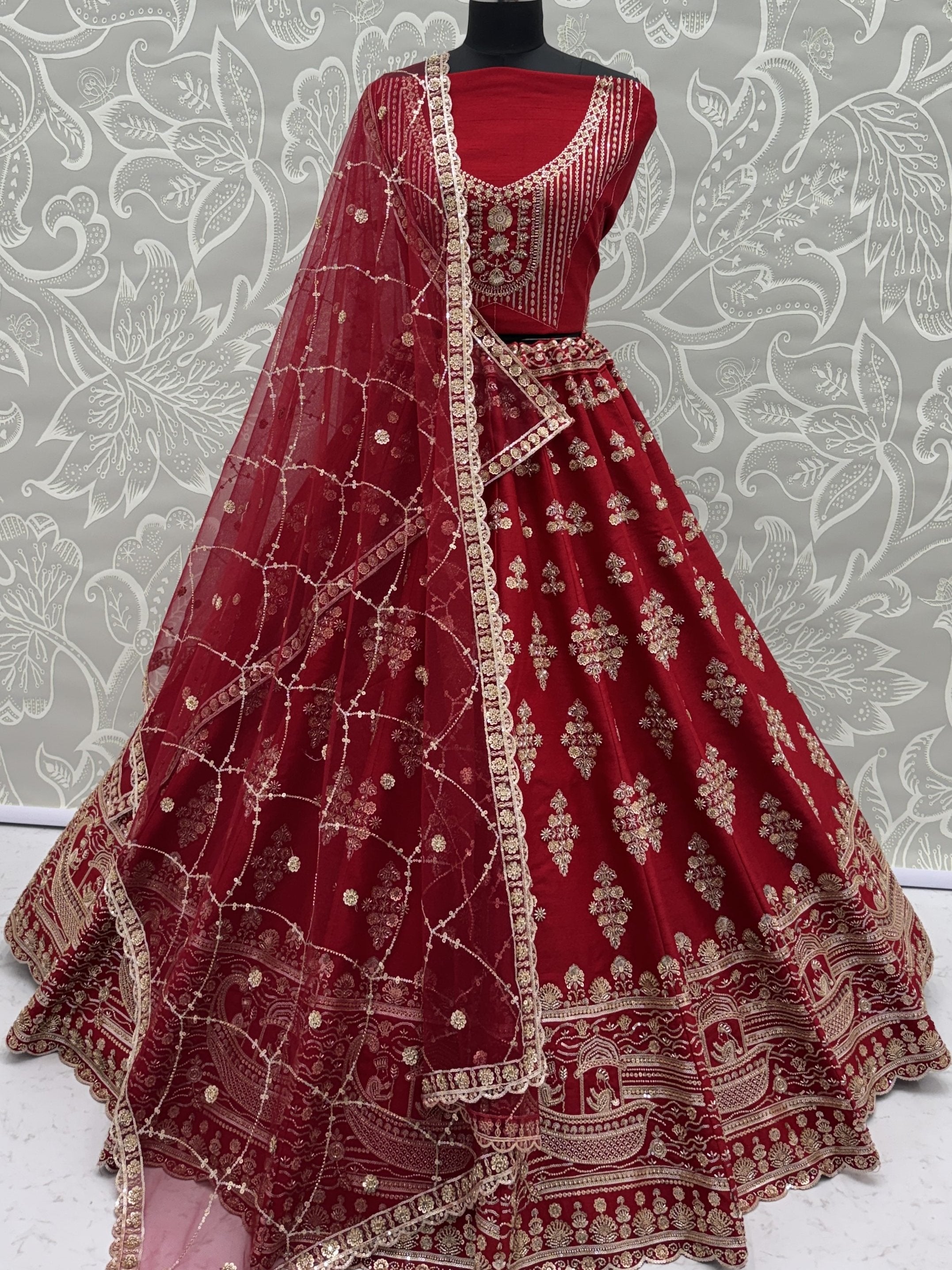 Royal Red Heavy Embroidered Silk Bridal Lehenga Choli With Double Dupatta