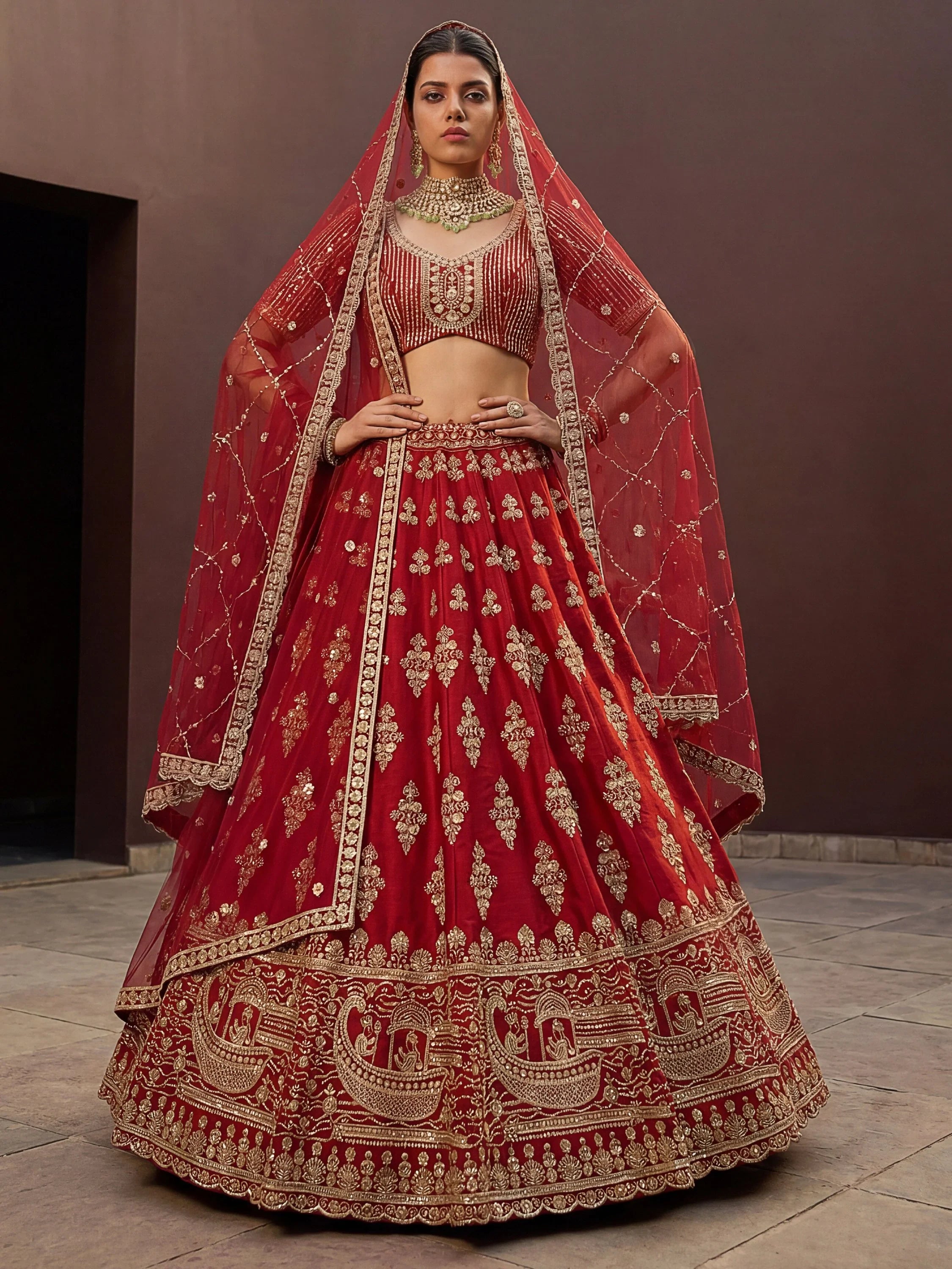 Royal Red Heavy Embroidered Silk Bridal Lehenga Choli With Double Dupatta