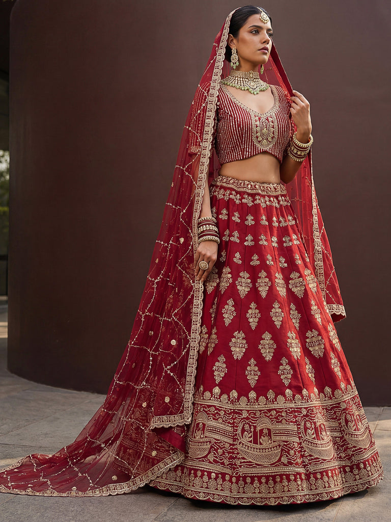 Royal Red Heavy Embroidered Silk Bridal Lehenga Choli With Double Dupatta