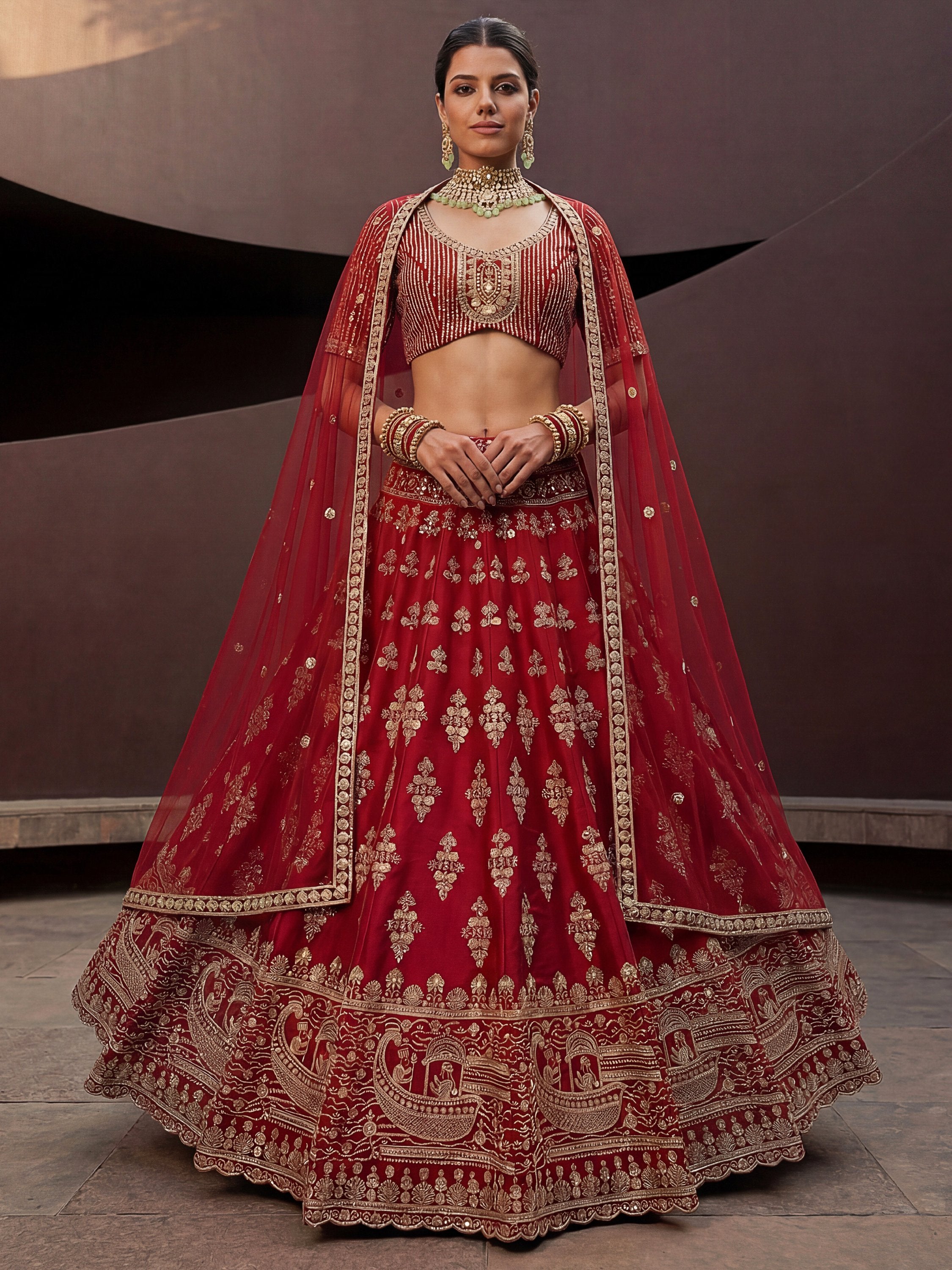 Royal Red Heavy Embroidered Silk Bridal Lehenga Choli With Double Dupatta