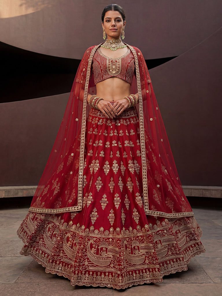 Royal Red Heavy Embroidered Silk Bridal Lehenga Choli With Double Dupatta