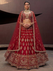 Royal Red Heavy Embroidered Silk Bridal Lehenga Choli With Double Dupatta