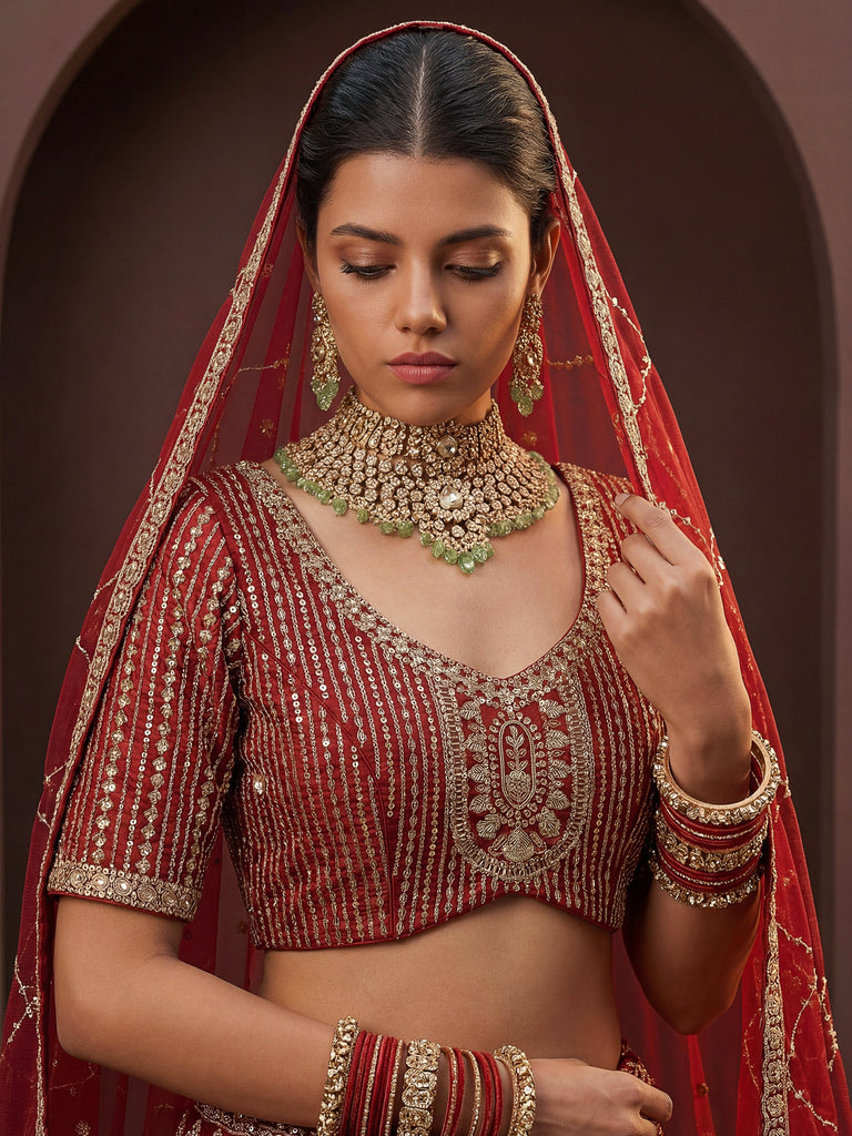 Royal Red Heavy Embroidered Silk Bridal Lehenga Choli With Double Dupatta