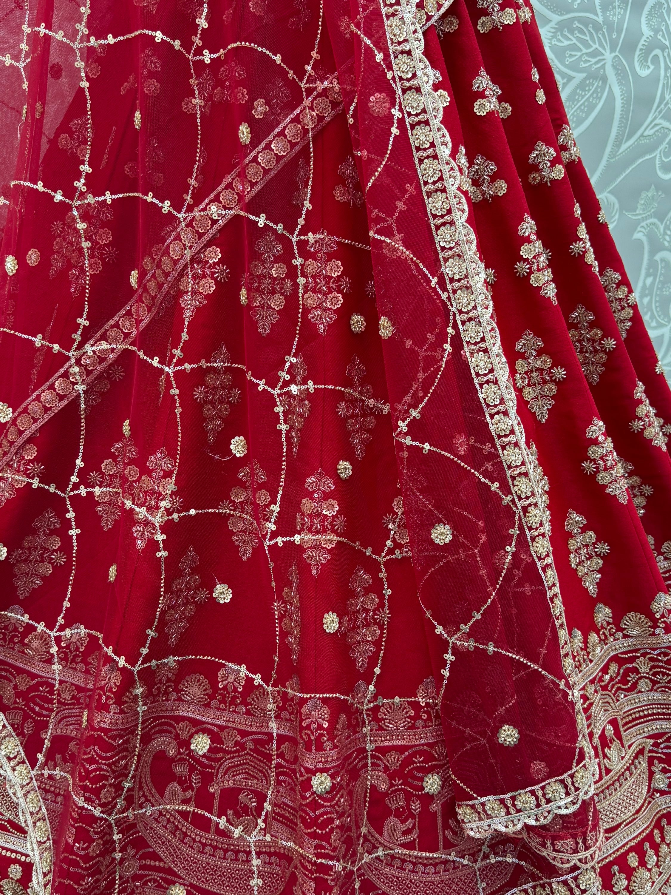 Royal Red Heavy Embroidered Silk Bridal Lehenga Choli With Double Dupatta