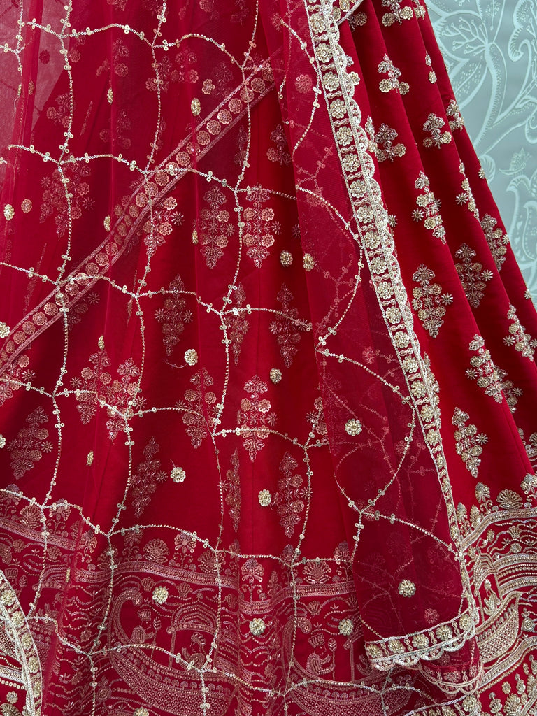 Royal Red Heavy Embroidered Silk Bridal Lehenga Choli With Double Dupatta